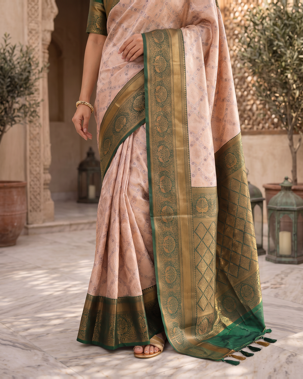 Kashvi Soft Contrast Festive Saree with Classic Border - Pink Green - lower closeup