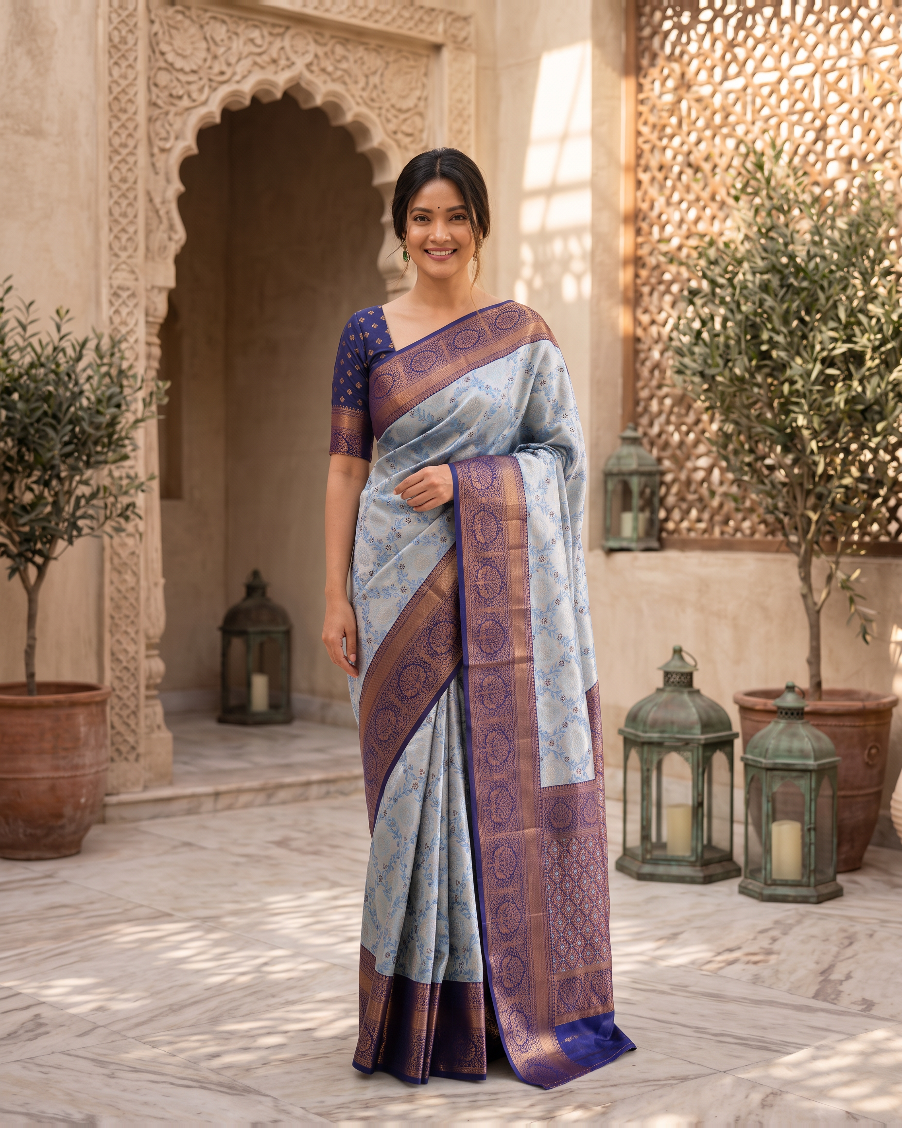 Kashvi Soft Contrast Festive Saree with Classic Border - Silver Purple - full saree hero