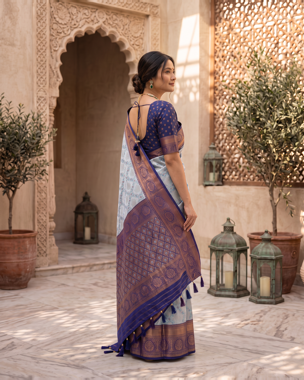 Kashvi Soft Contrast Festive Saree with Classic Border - Silver Purple - side