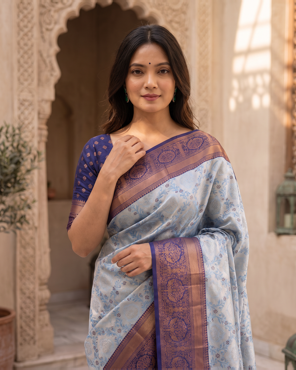 Kashvi Soft Contrast Festive Saree with Classic Border - Silver Purple - upper closeup