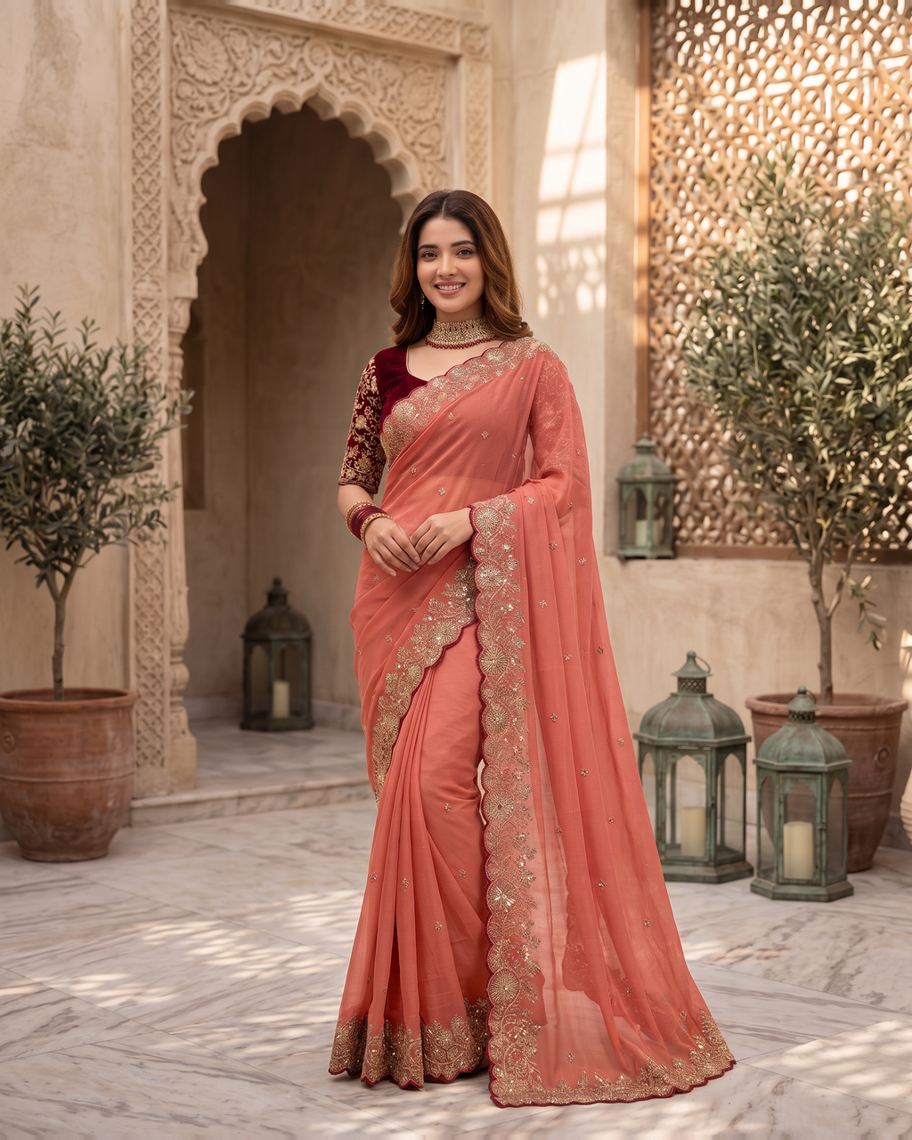 Kavya Star Multi Flower Festive Saree with Floral Pallu - Coral - full saree hero