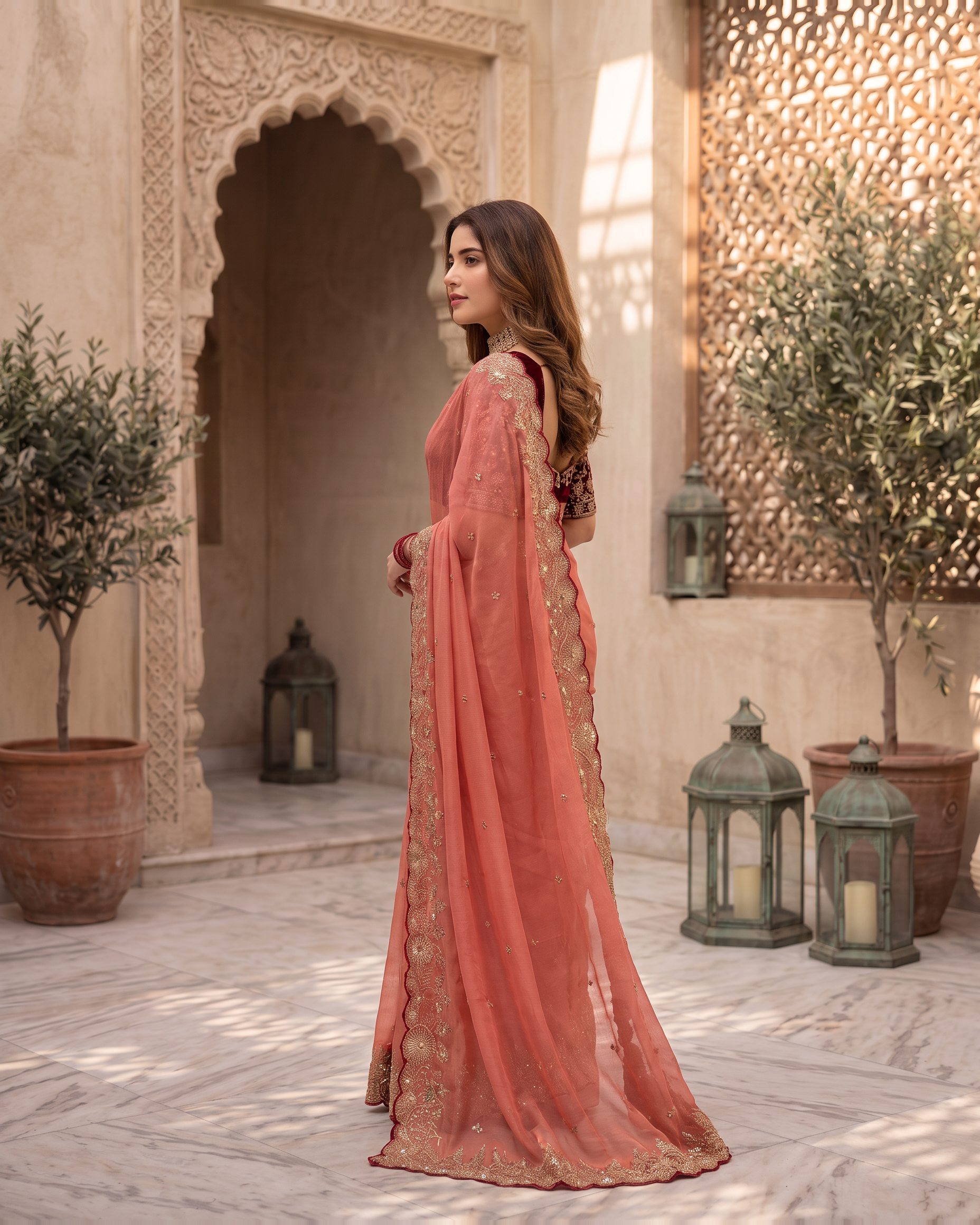 Kavya Star Multi Flower Festive Saree with Floral Pallu - Coral - side