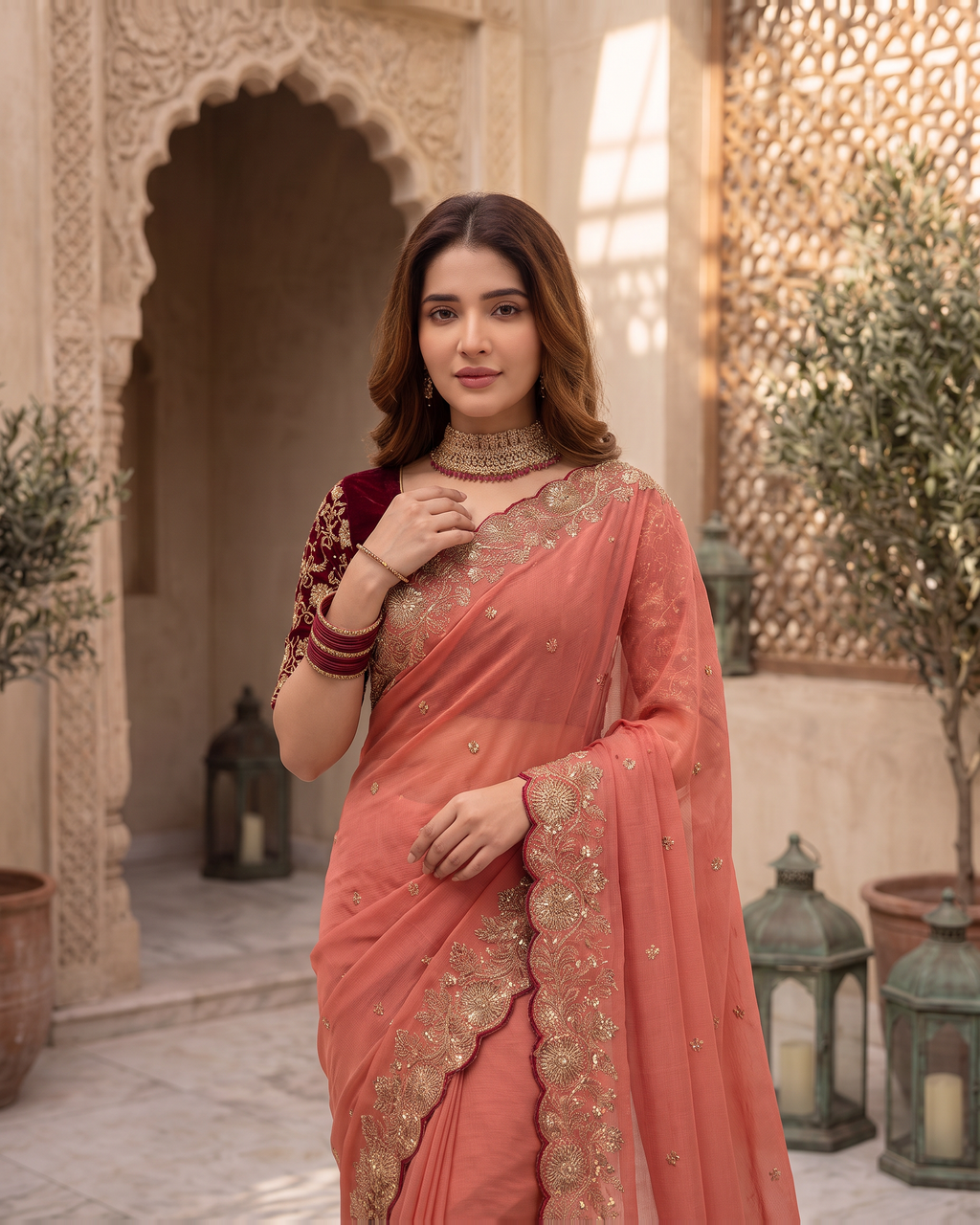 Kavya Star Multi Flower Festive Saree with Floral Pallu - Coral - upper closeup