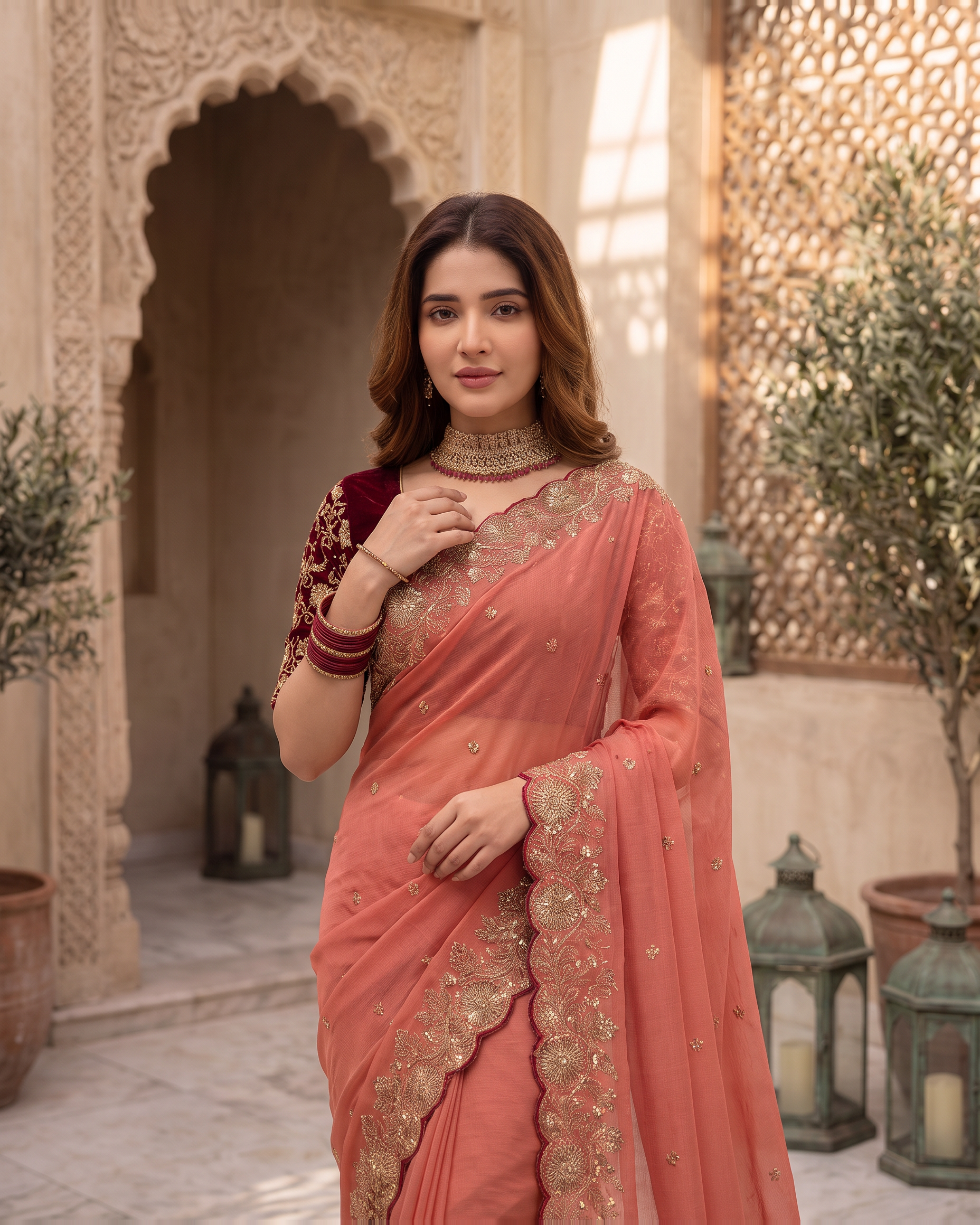 Kavya Star Multi Flower Festive Saree with Floral Pallu - Coral - upper closeup