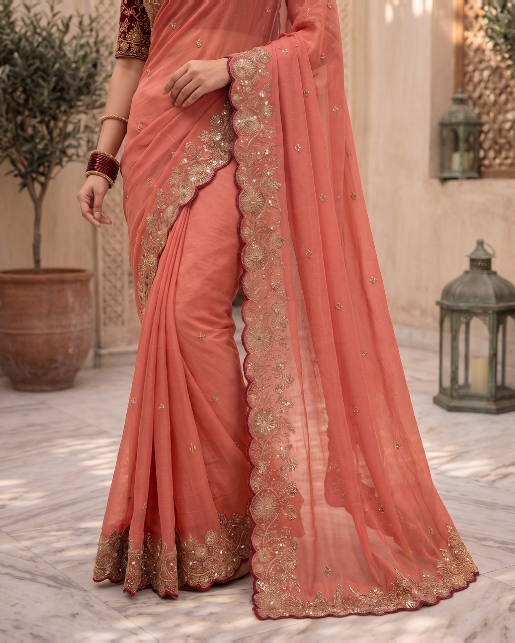 Kavya Star Multi Flower Festive Saree with Floral Pallu - Coral - lower closeup