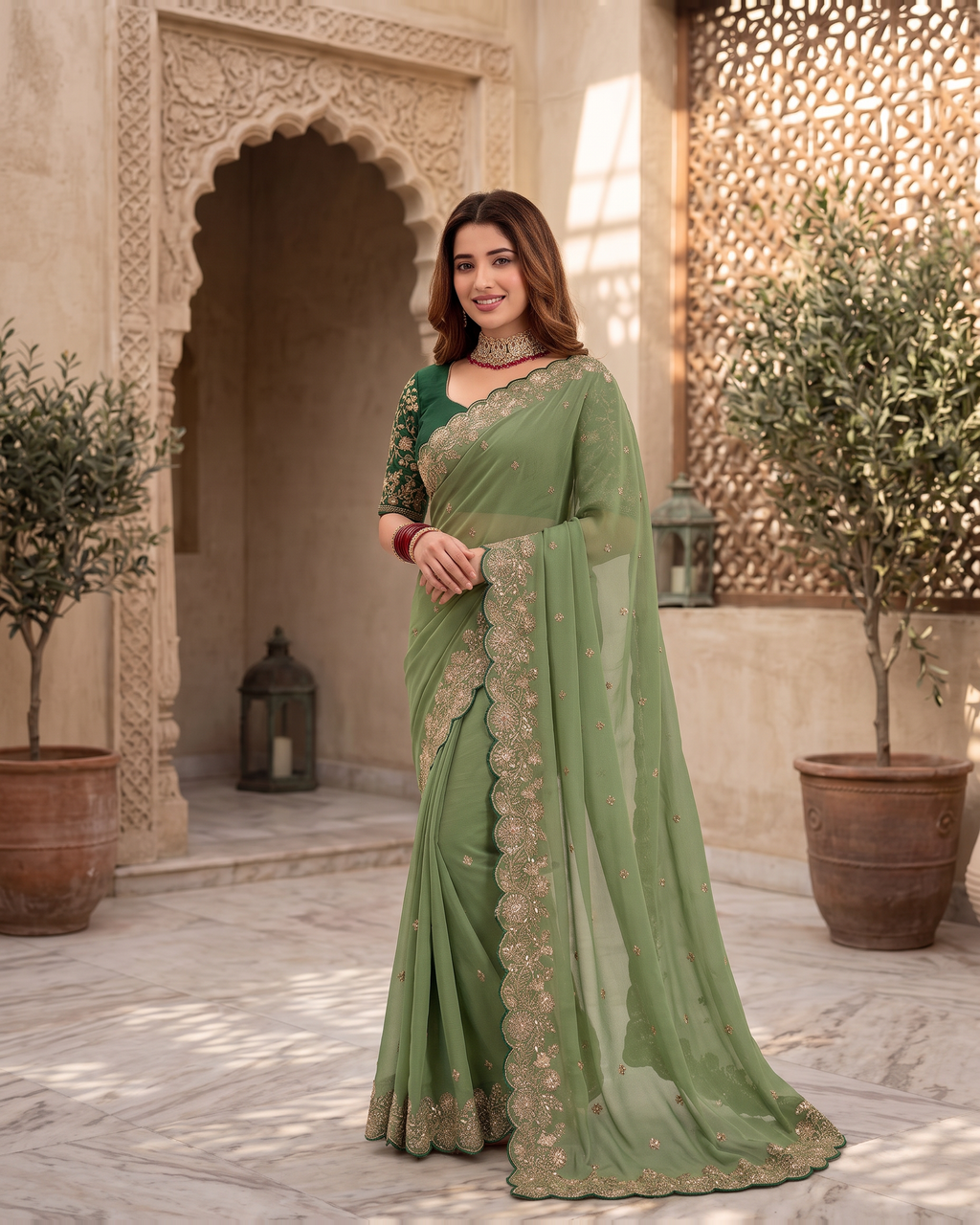 Kavya Star Multi Flower Festive Saree with Floral Pallu - Green - full saree hero