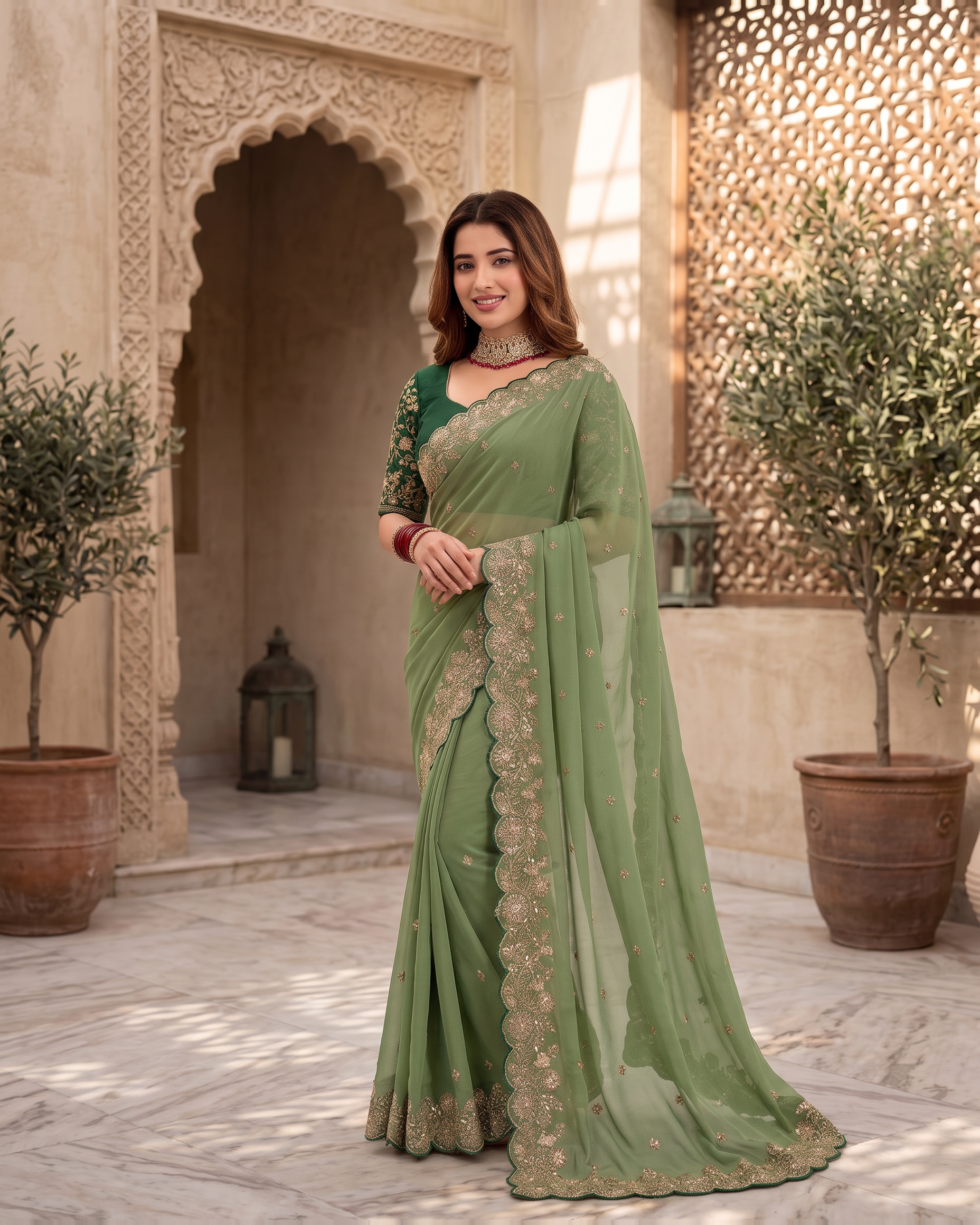 Kavya Star Multi Flower Festive Saree with Floral Pallu - Green - full saree hero