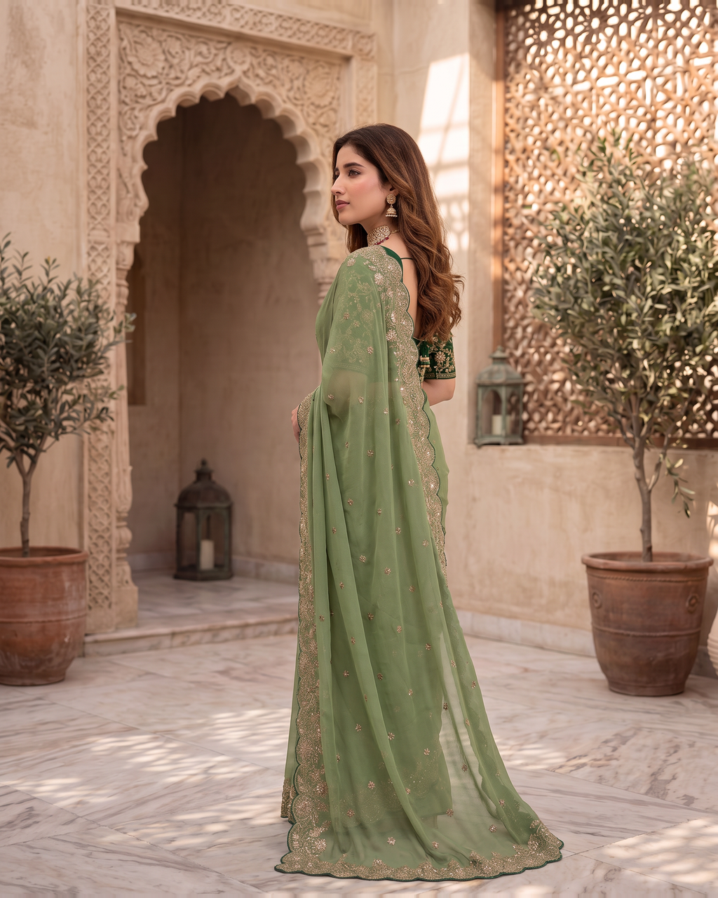 Kavya Star Multi Flower Festive Saree with Floral Pallu - Green - side