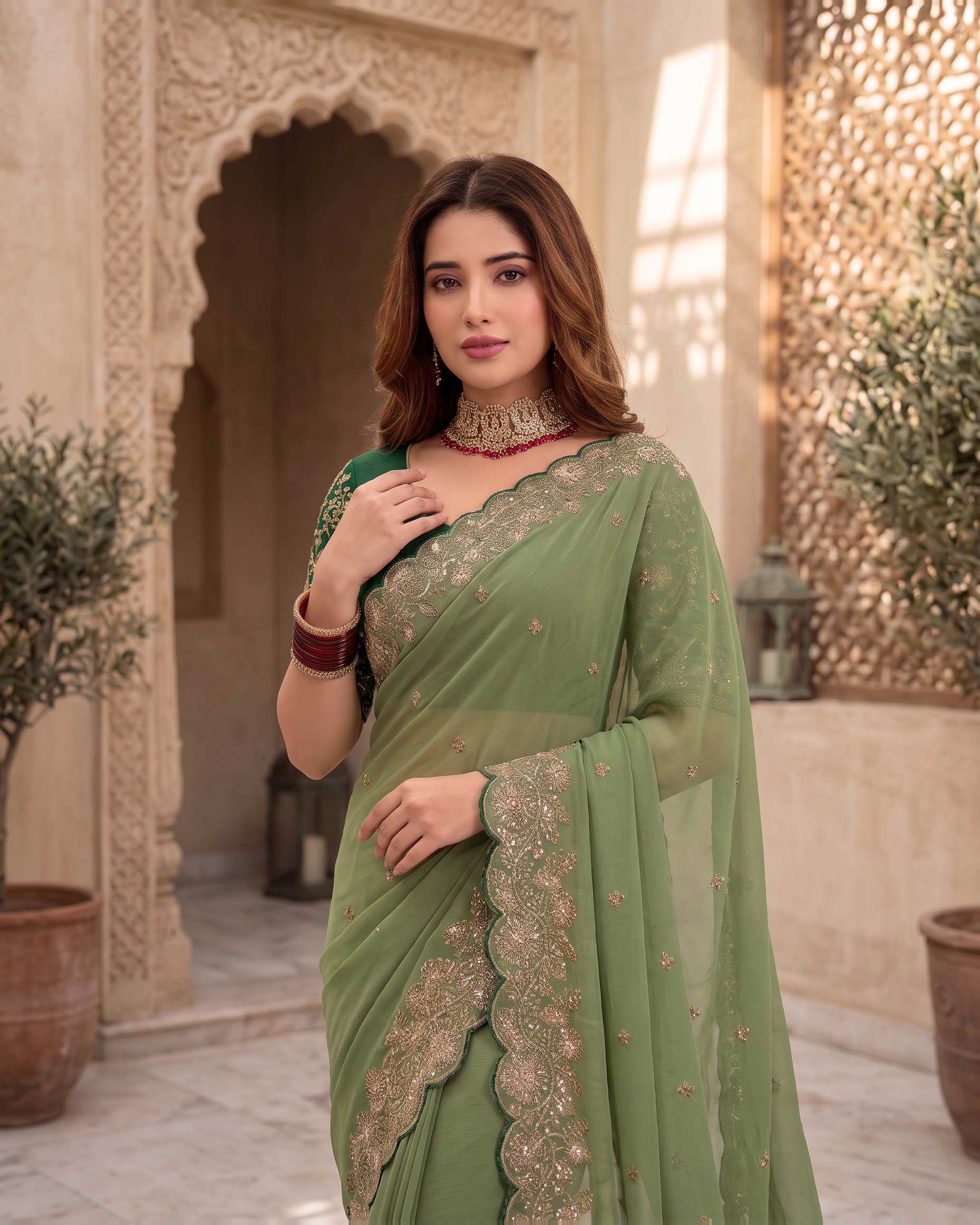 Kavya Star Multi Flower Festive Saree with Floral Pallu - Green - upper closeup
