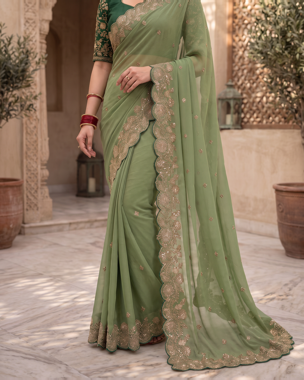 Kavya Star Multi Flower Festive Saree with Floral Pallu - Green - lower closeup