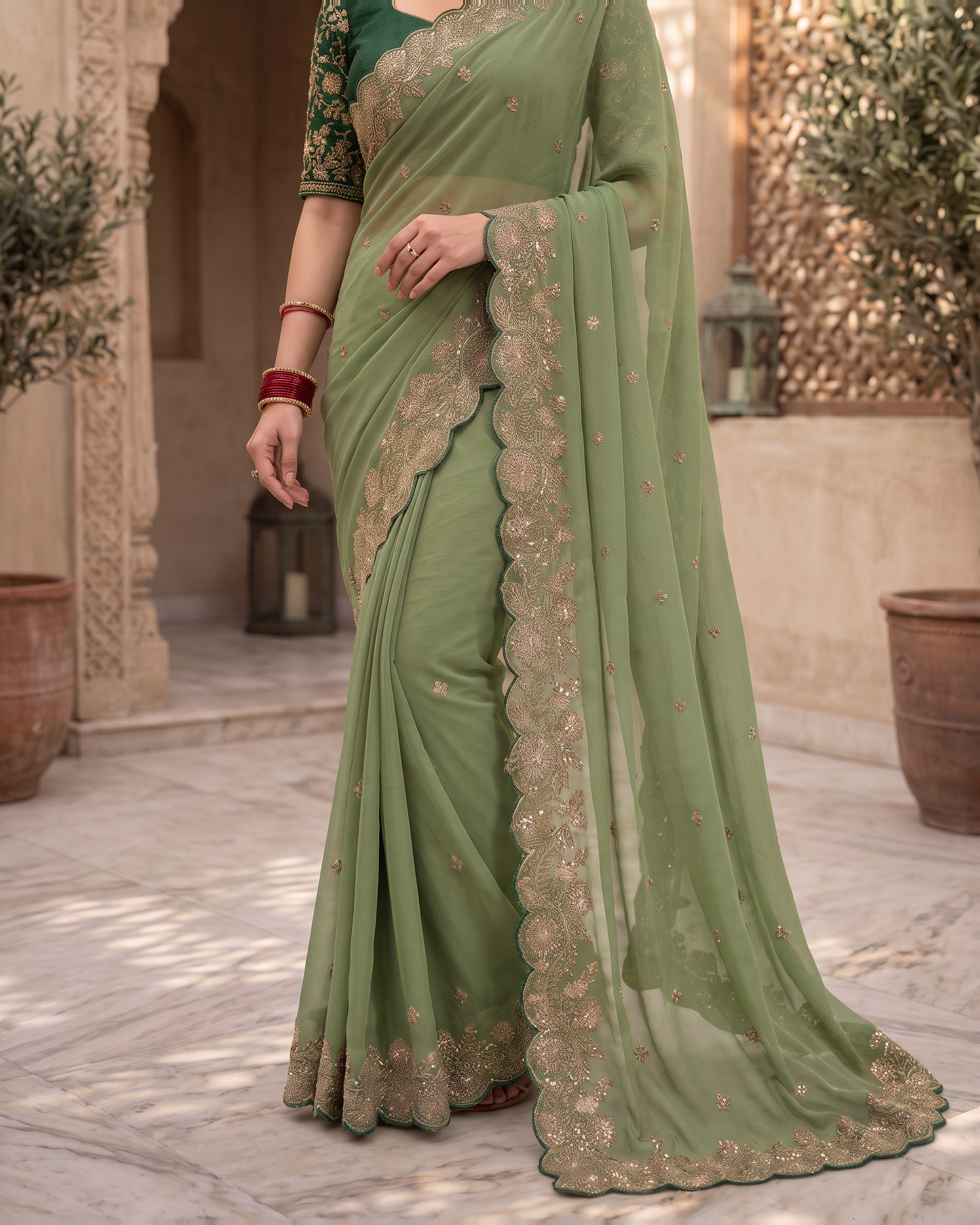 Kavya Star Multi Flower Festive Saree with Floral Pallu - Green - lower closeup