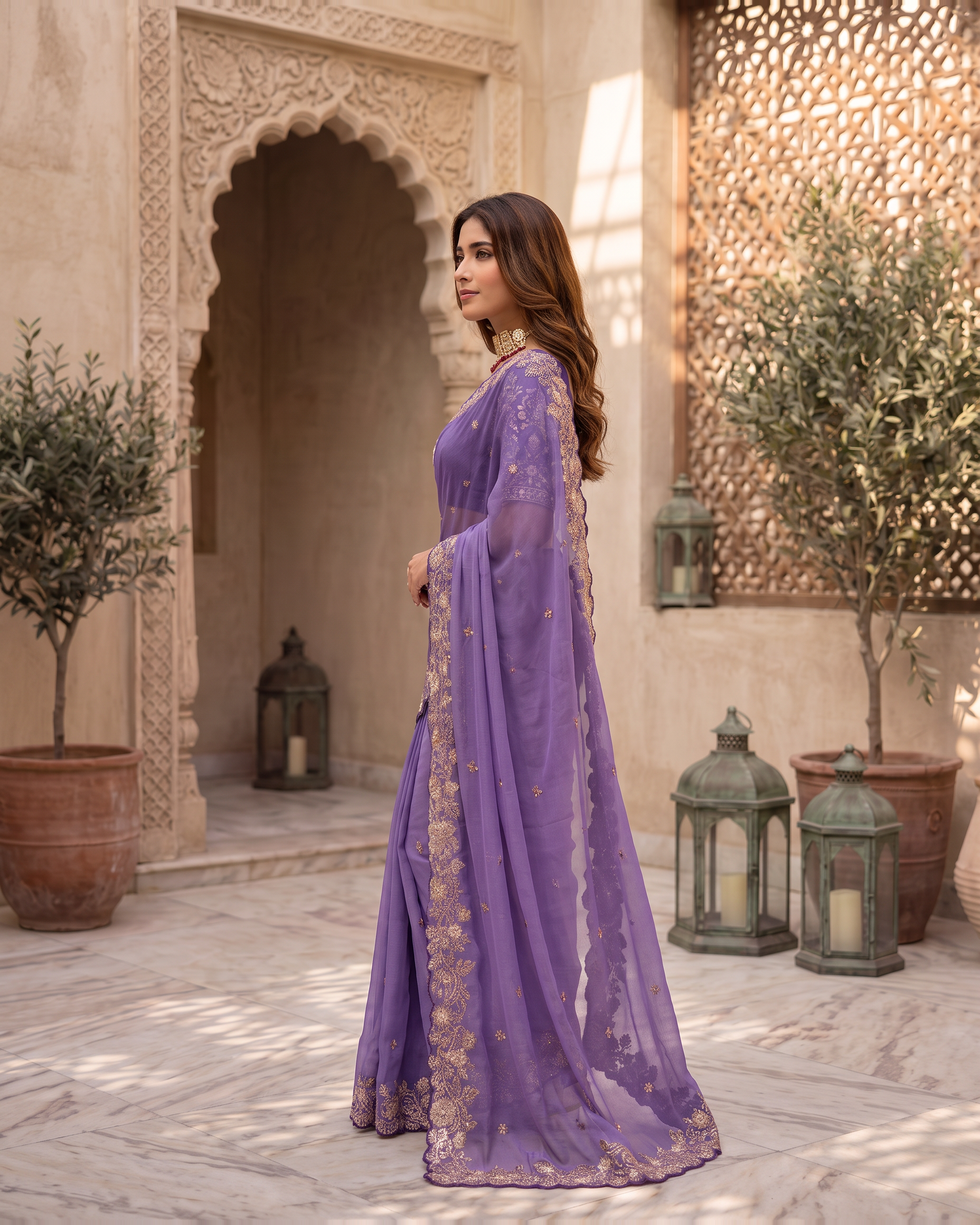 Kavya Star Multi Flower Festive Saree with Floral Pallu - Lavender - side