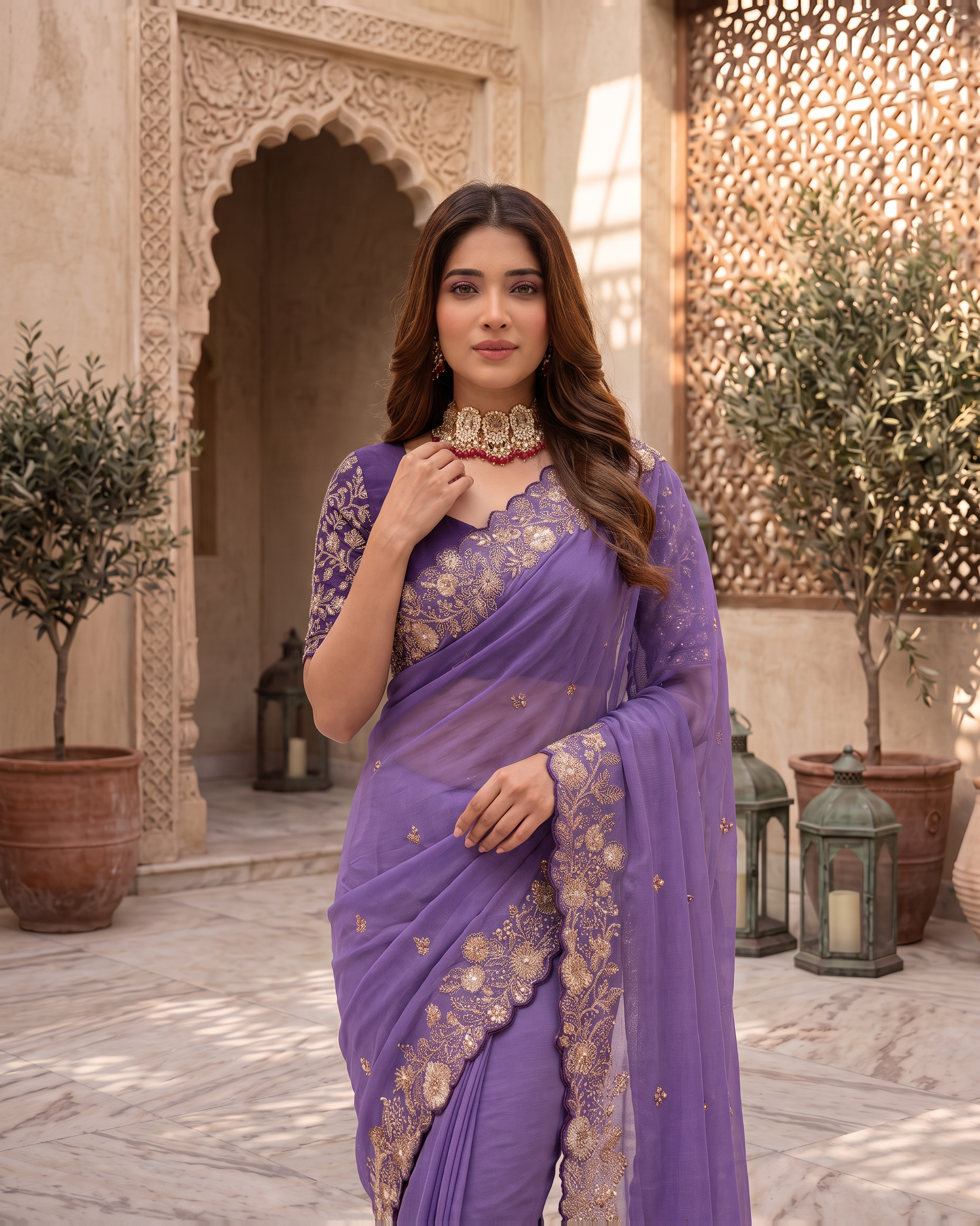 Kavya Star Multi Flower Festive Saree with Floral Pallu - Lavender - upper closeup