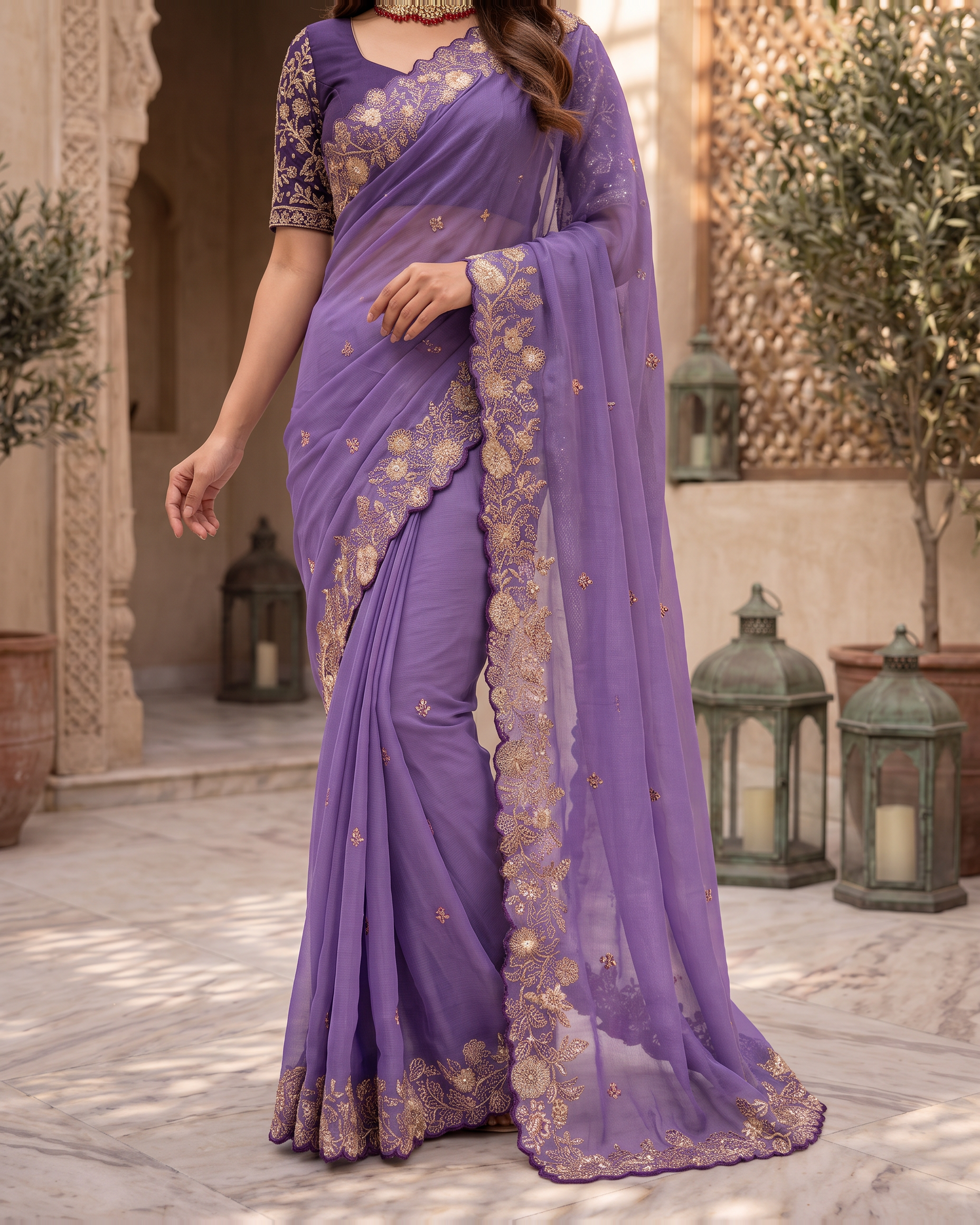 Kavya Star Multi Flower Festive Saree with Floral Pallu - Lavender - lower closeup