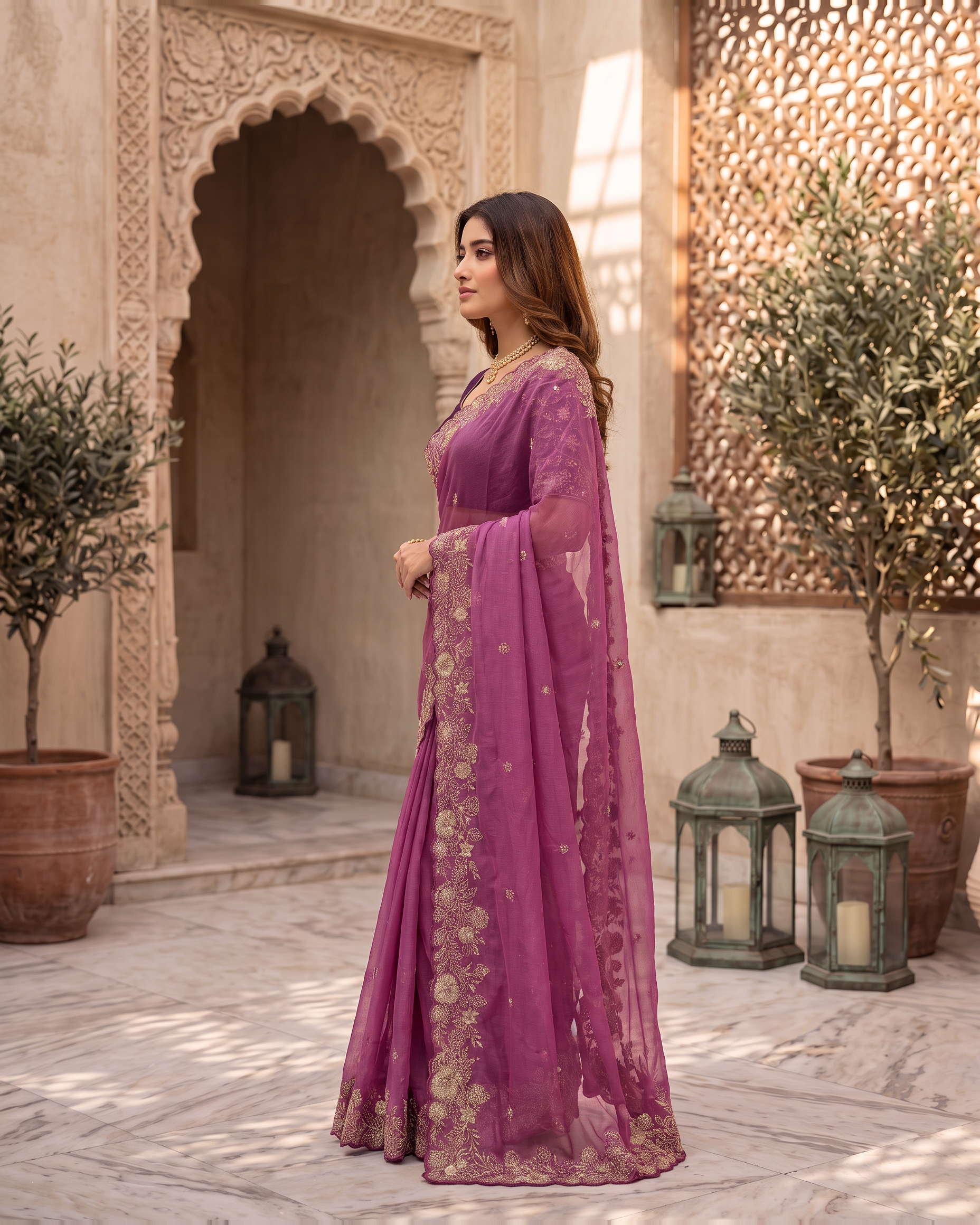 Kavya Star Multi Flower Festive Saree with Floral Pallu - Magenta - side