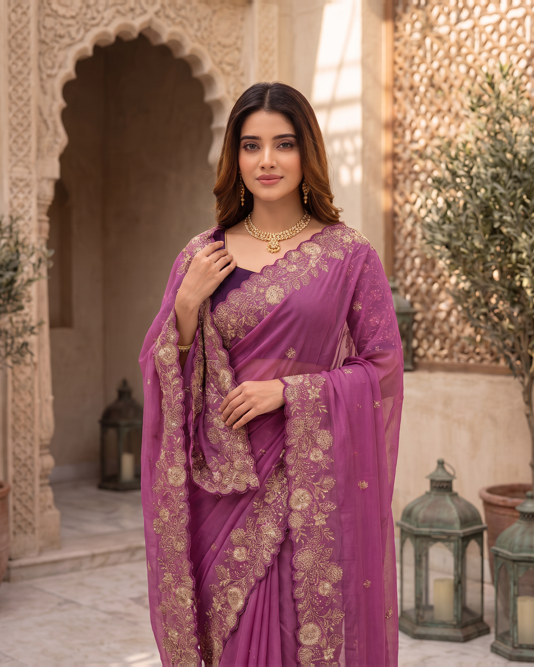 Kavya Star Multi Flower Festive Saree with Floral Pallu - Magenta - upper closeup