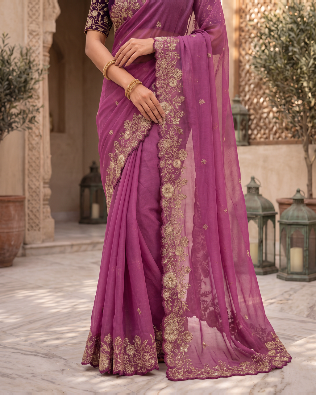Kavya Star Multi Flower Festive Saree with Floral Pallu - Magenta - lower closeup