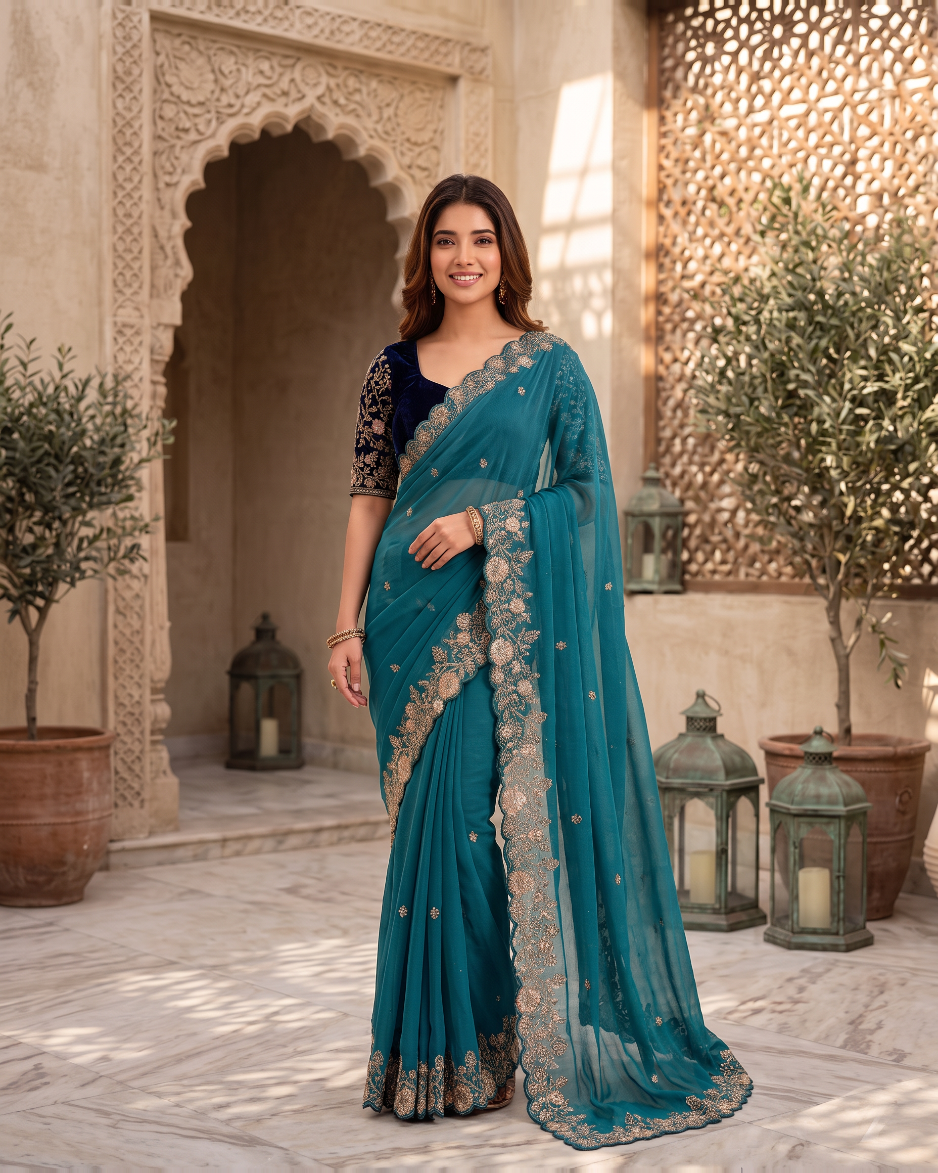 Kavya Star Multi Flower Festive Saree with Floral Pallu - Teal - full saree hero