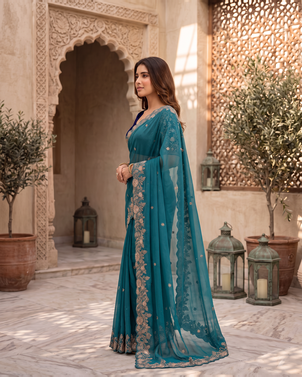 Kavya Star Multi Flower Festive Saree with Floral Pallu - Teal - side