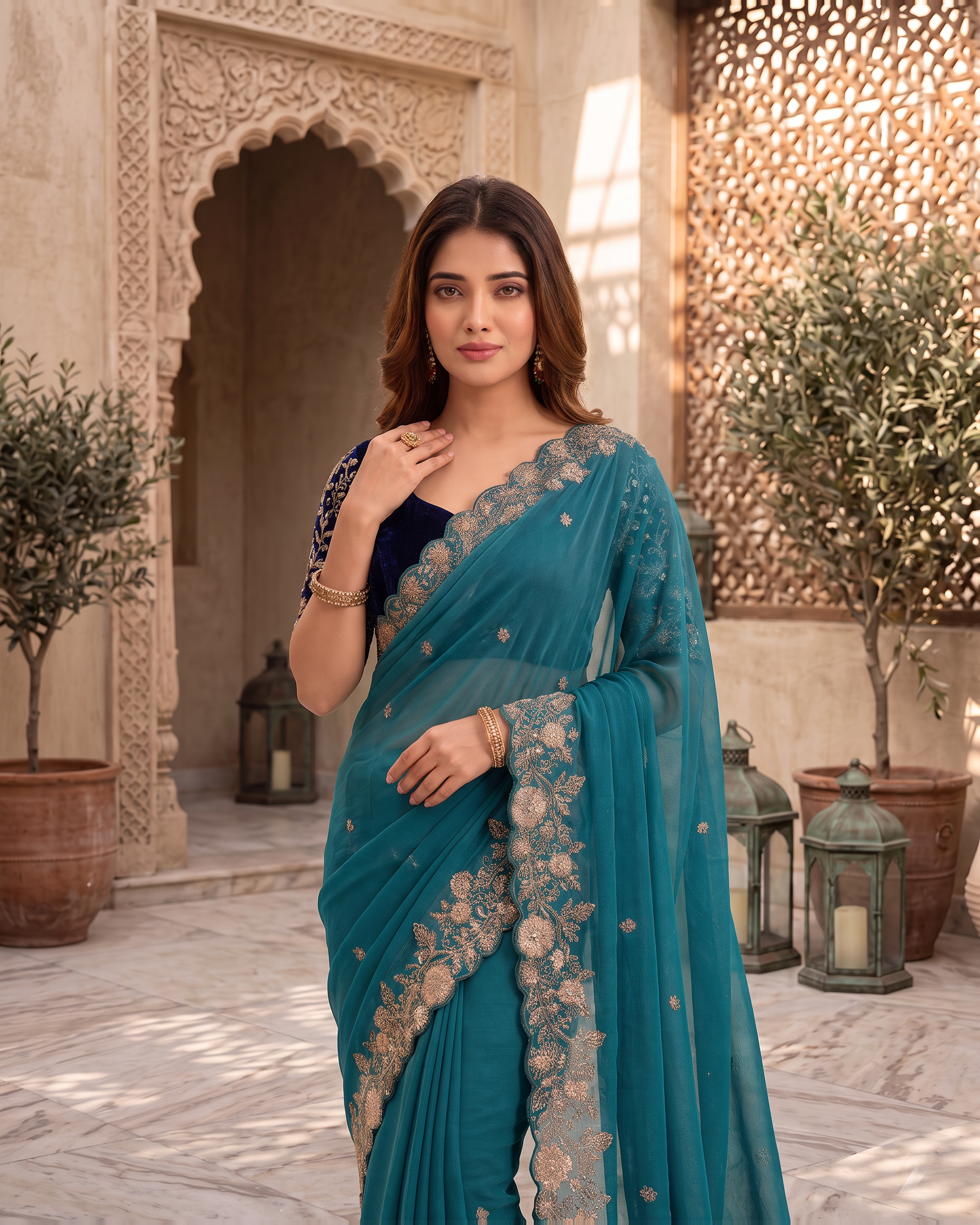 Kavya Star Multi Flower Festive Saree with Floral Pallu - Teal - upper closeup