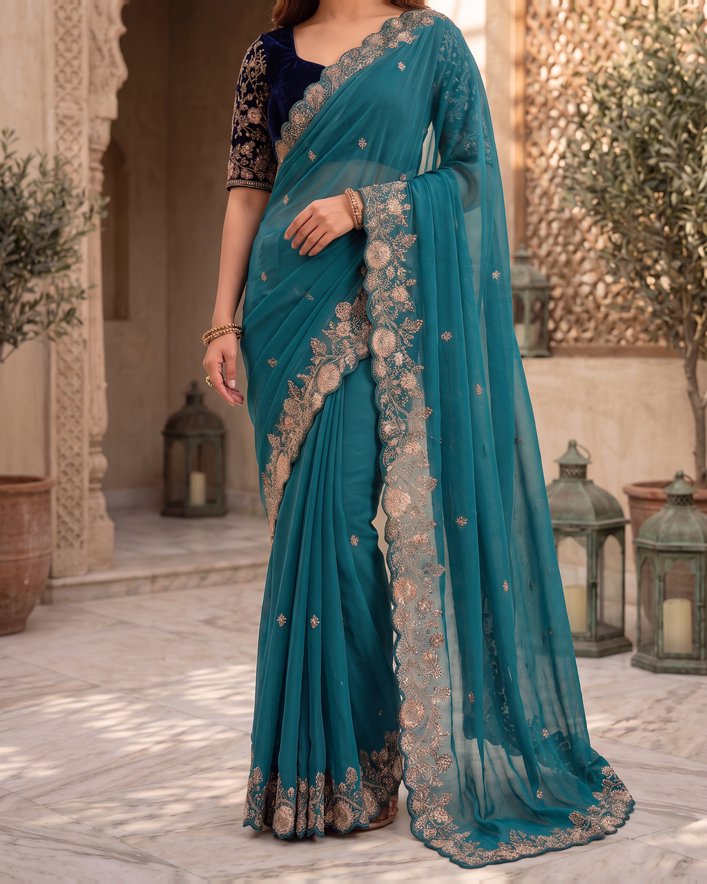 Kavya Star Multi Flower Festive Saree with Floral Pallu - Teal - lower closeup