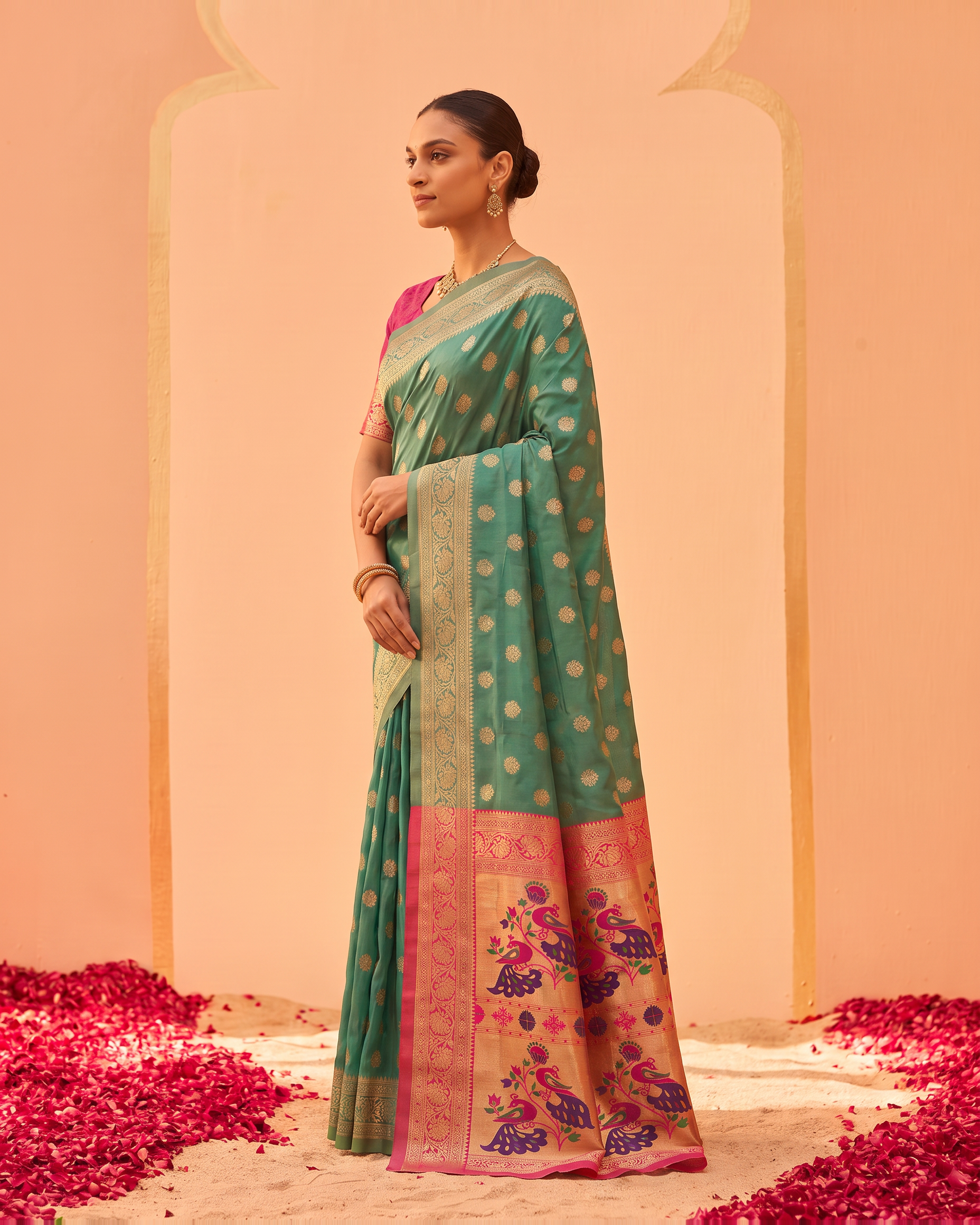 Kavya Temple Weave Paithani Silk Saree - Aqua Green - side drape