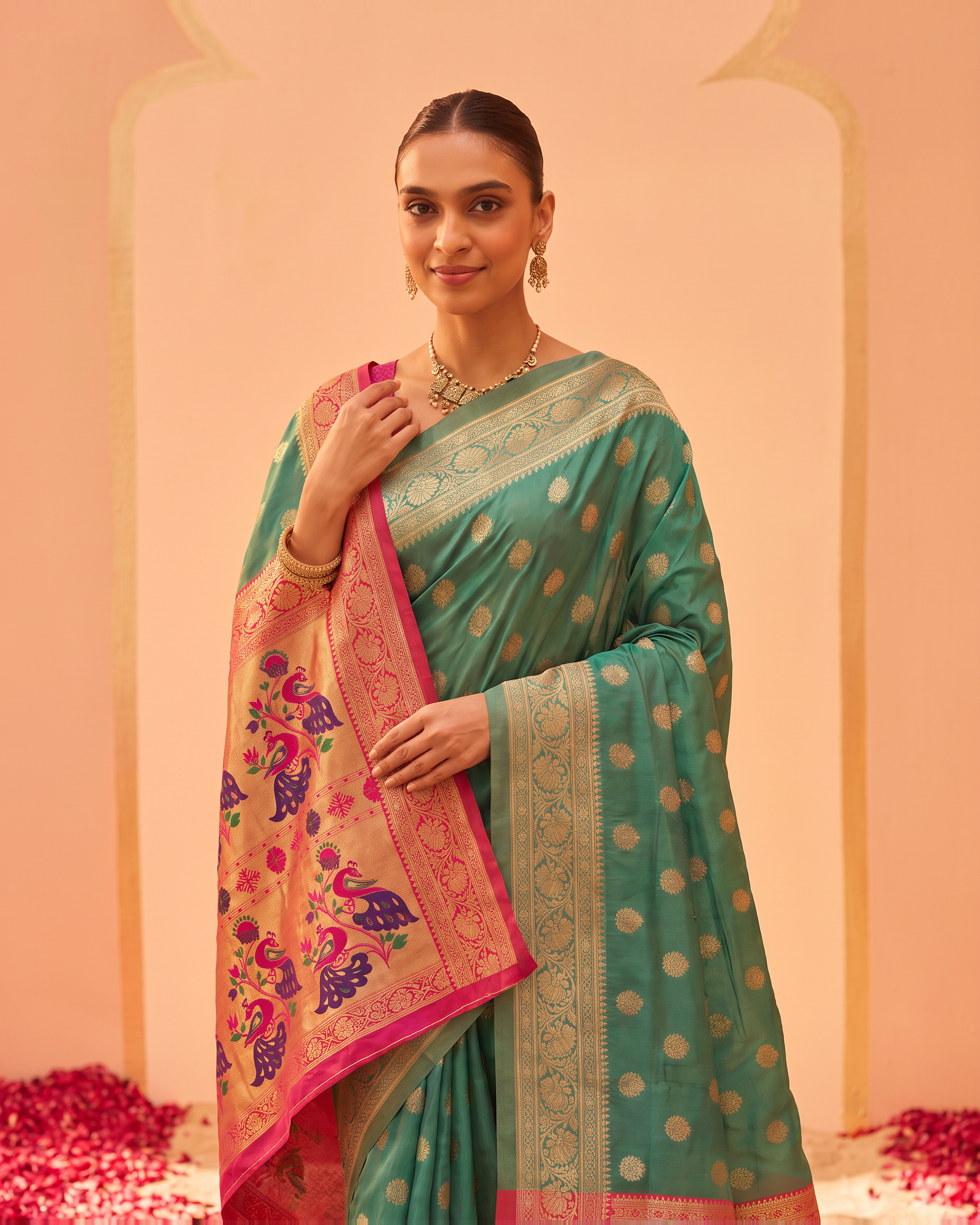Kavya Temple Weave Paithani Silk Saree - Aqua Green - upper closeup