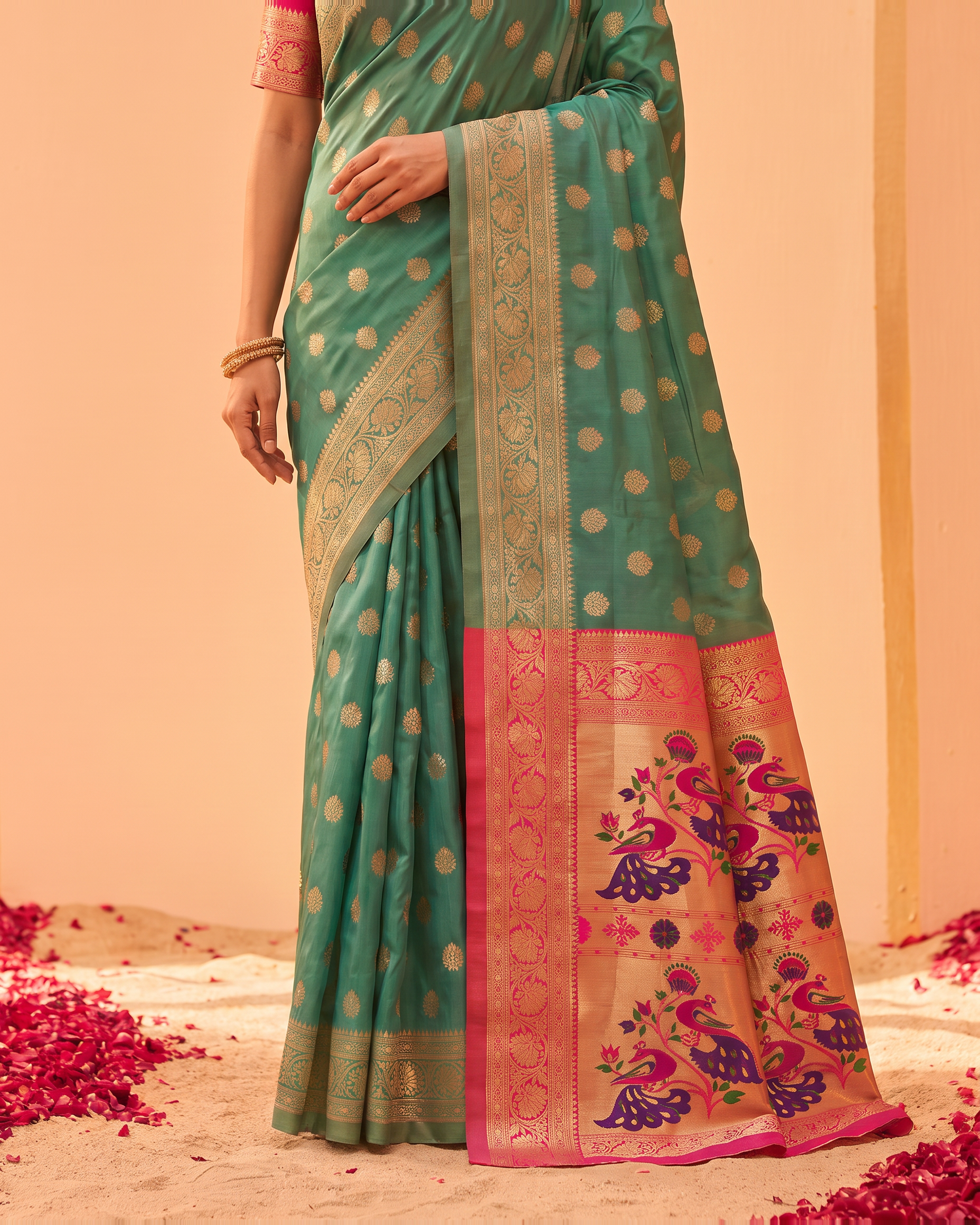 Kavya Temple Weave Paithani Silk Saree - Aqua Green - lower closeup
