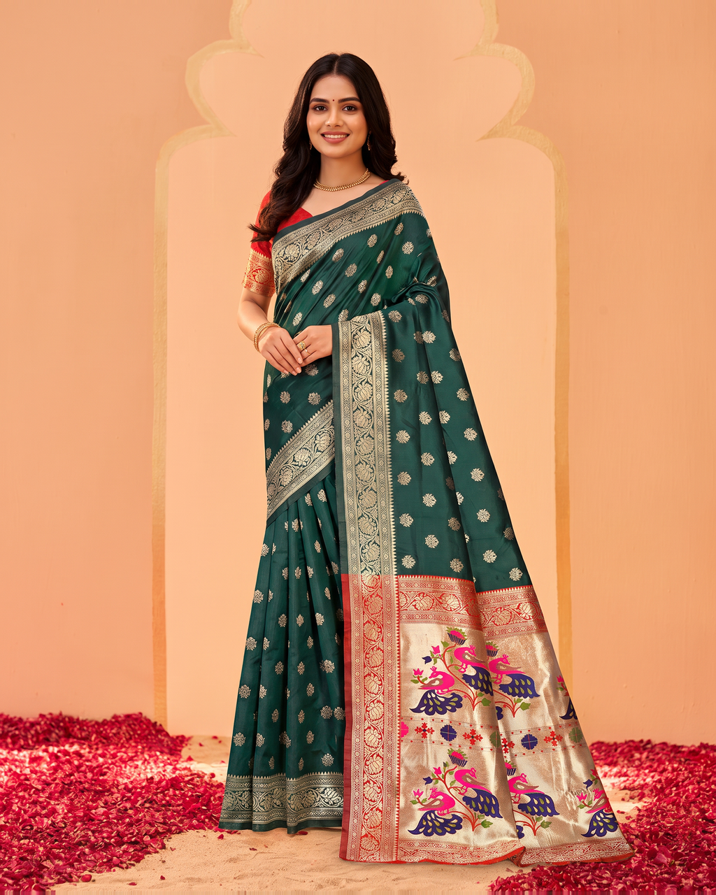 Kavya Temple Weave Paithani Silk Saree - Green - full saree hero