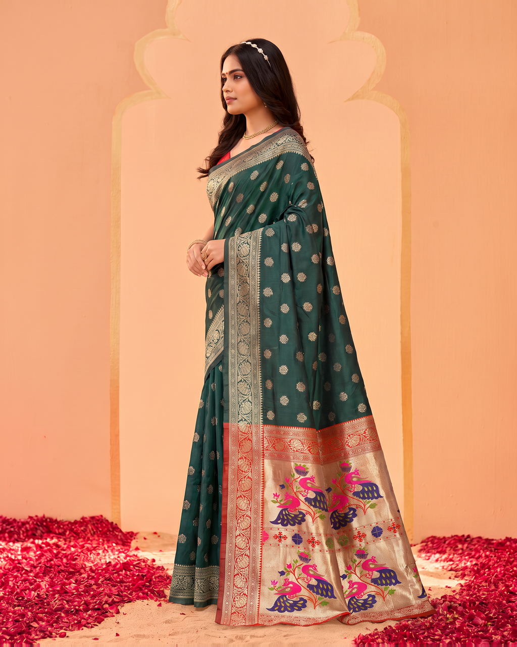 Kavya Temple Weave Paithani Silk Saree - Green - side drape