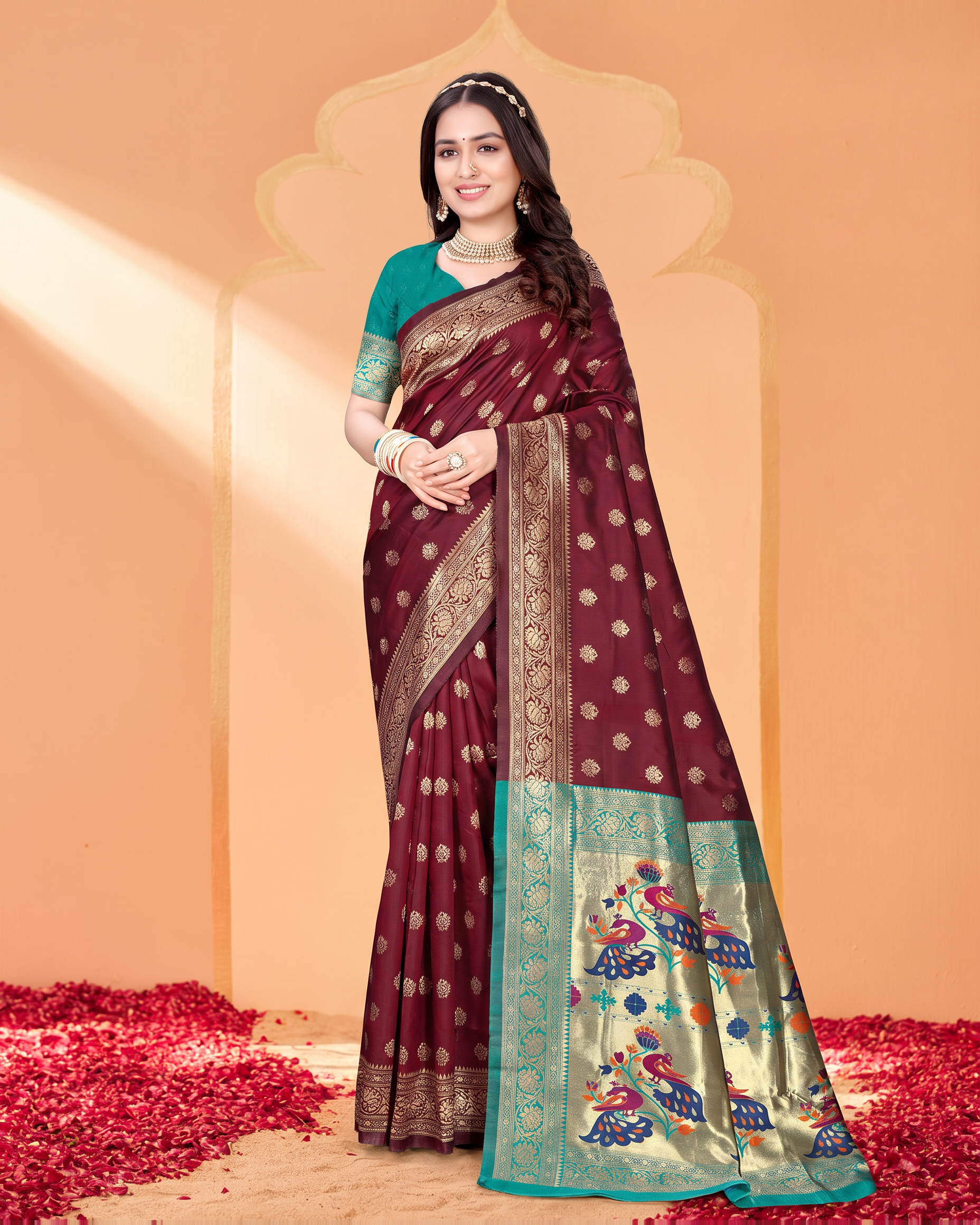 Kavya Temple Weave Paithani Silk Saree - Maroon - full saree hero
