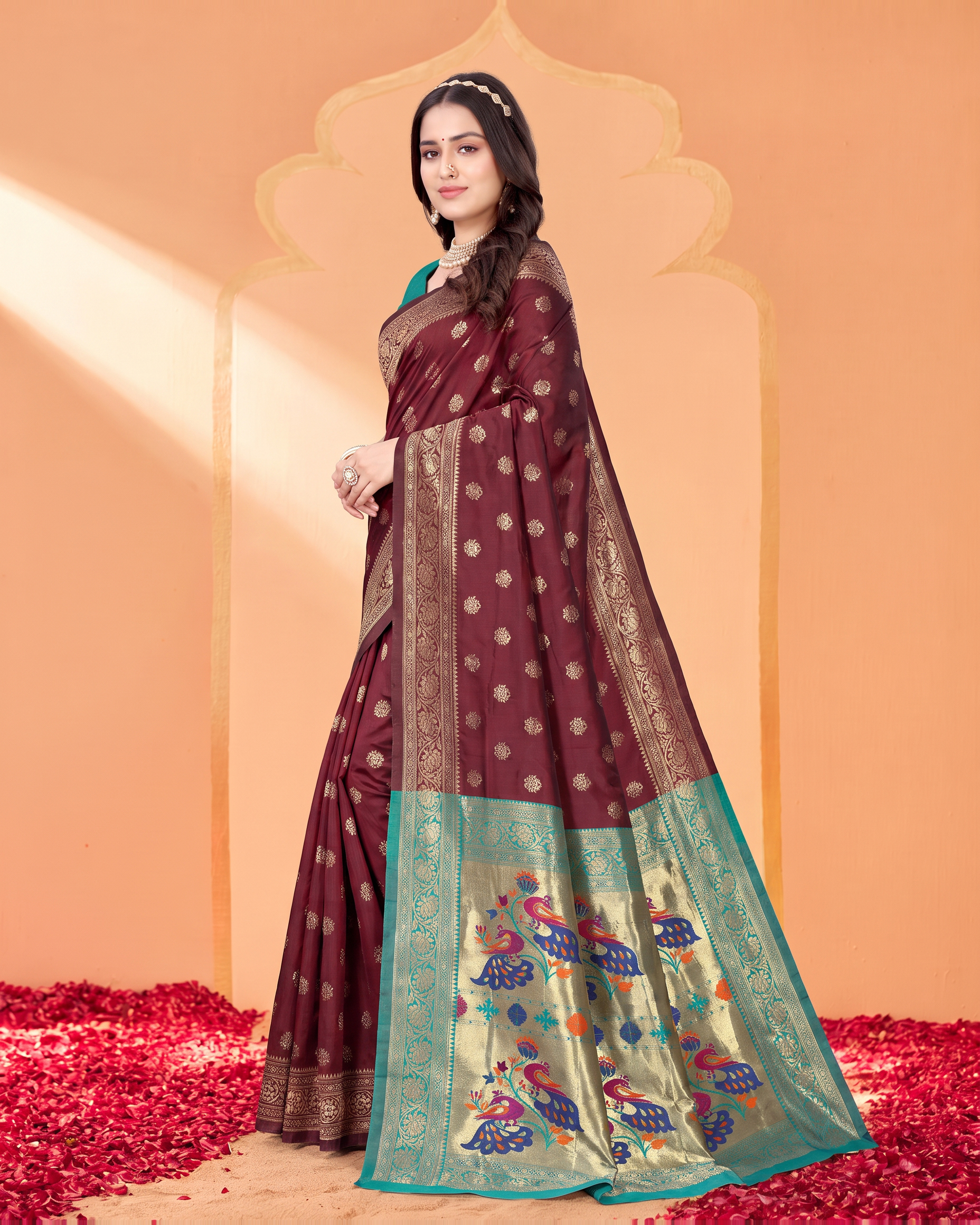 Kavya Temple Weave Paithani Silk Saree - Maroon - side drape