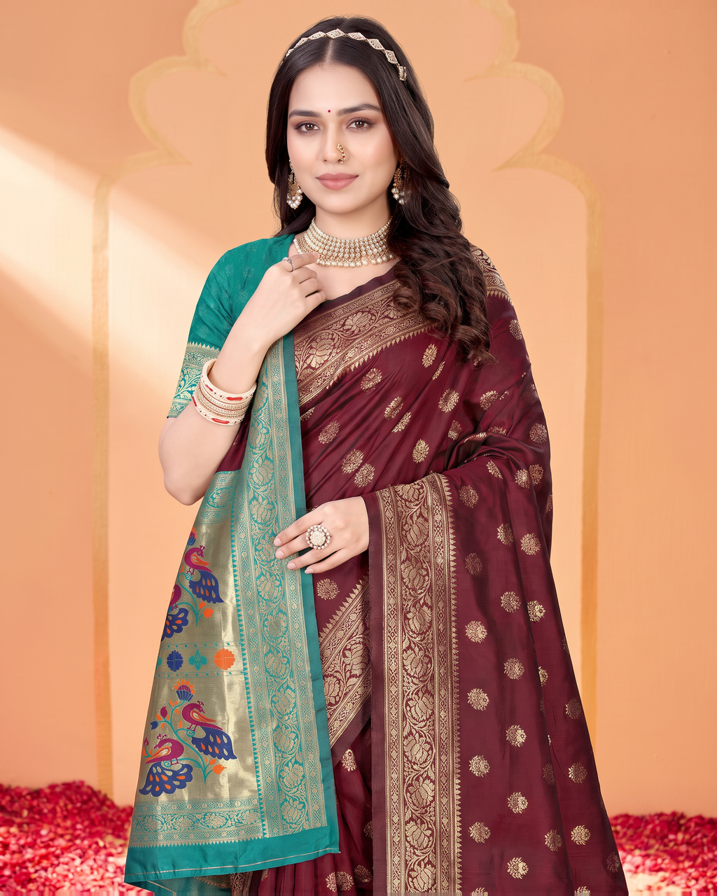 Kavya Temple Weave Paithani Silk Saree - Maroon - upper closeup