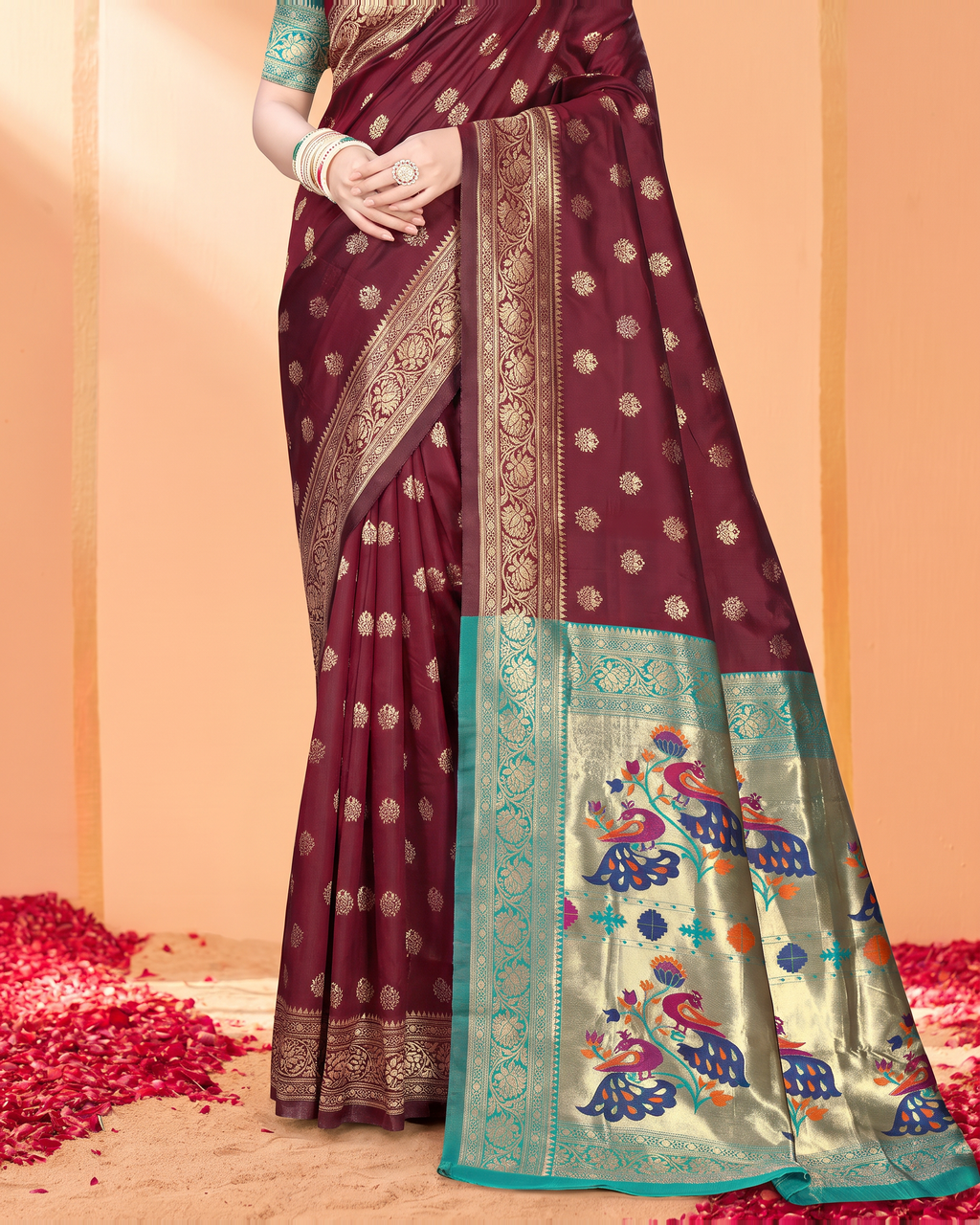Kavya Temple Weave Paithani Silk Saree - Maroon - lower closeup
