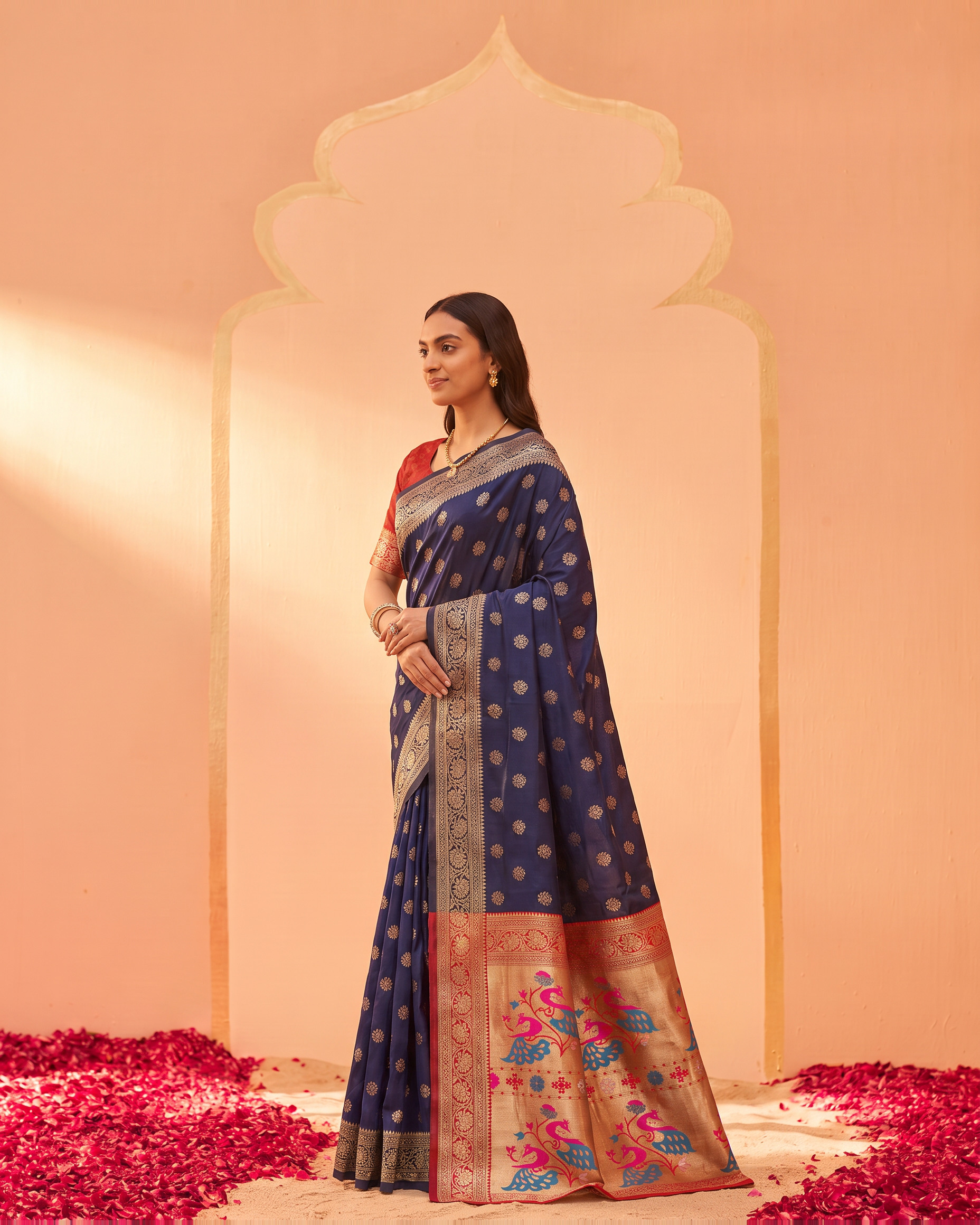 Kavya Temple Weave Paithani Silk Saree - Navy Blue - side drape