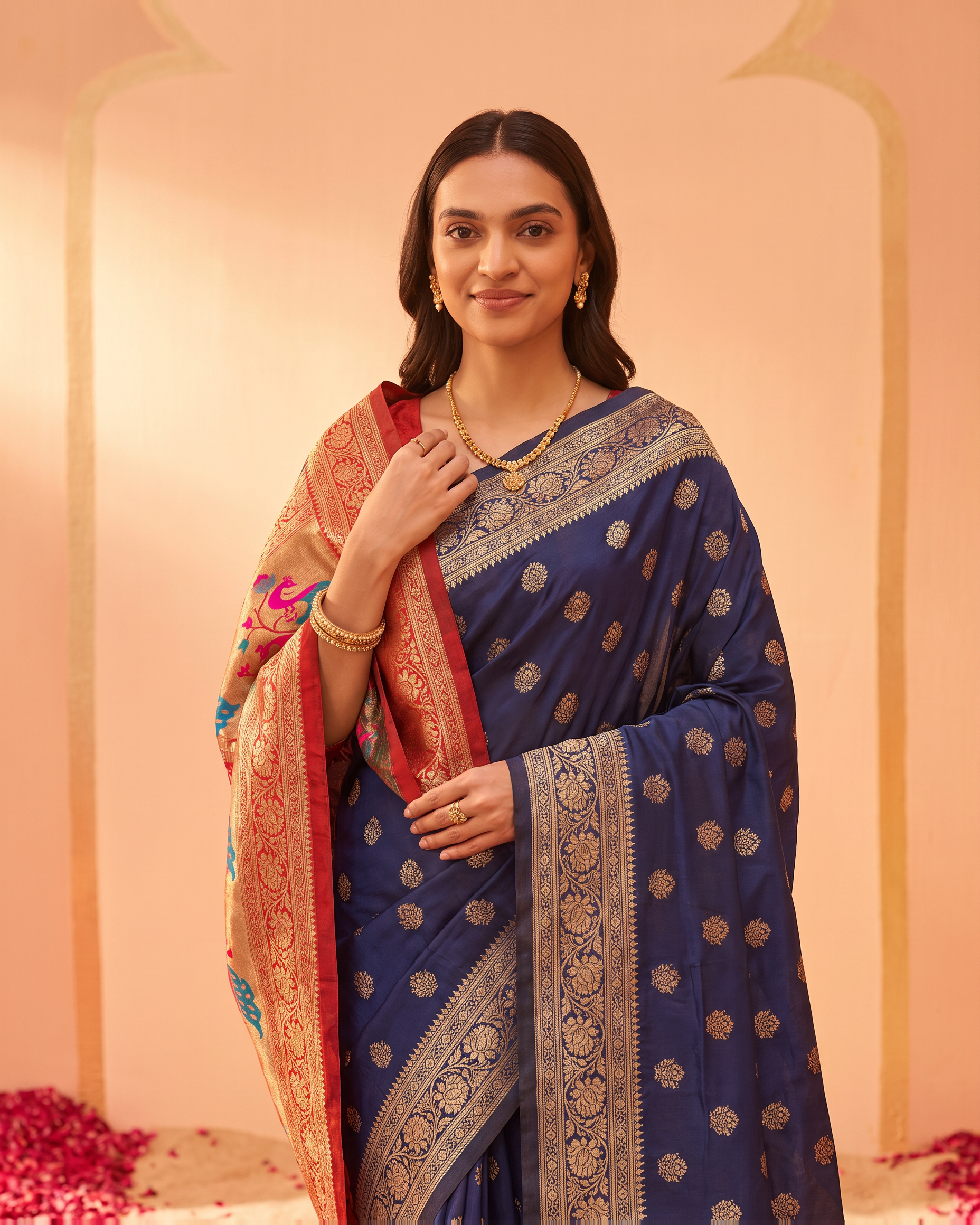 Kavya Temple Weave Paithani Silk Saree - Navy Blue - upper closeup