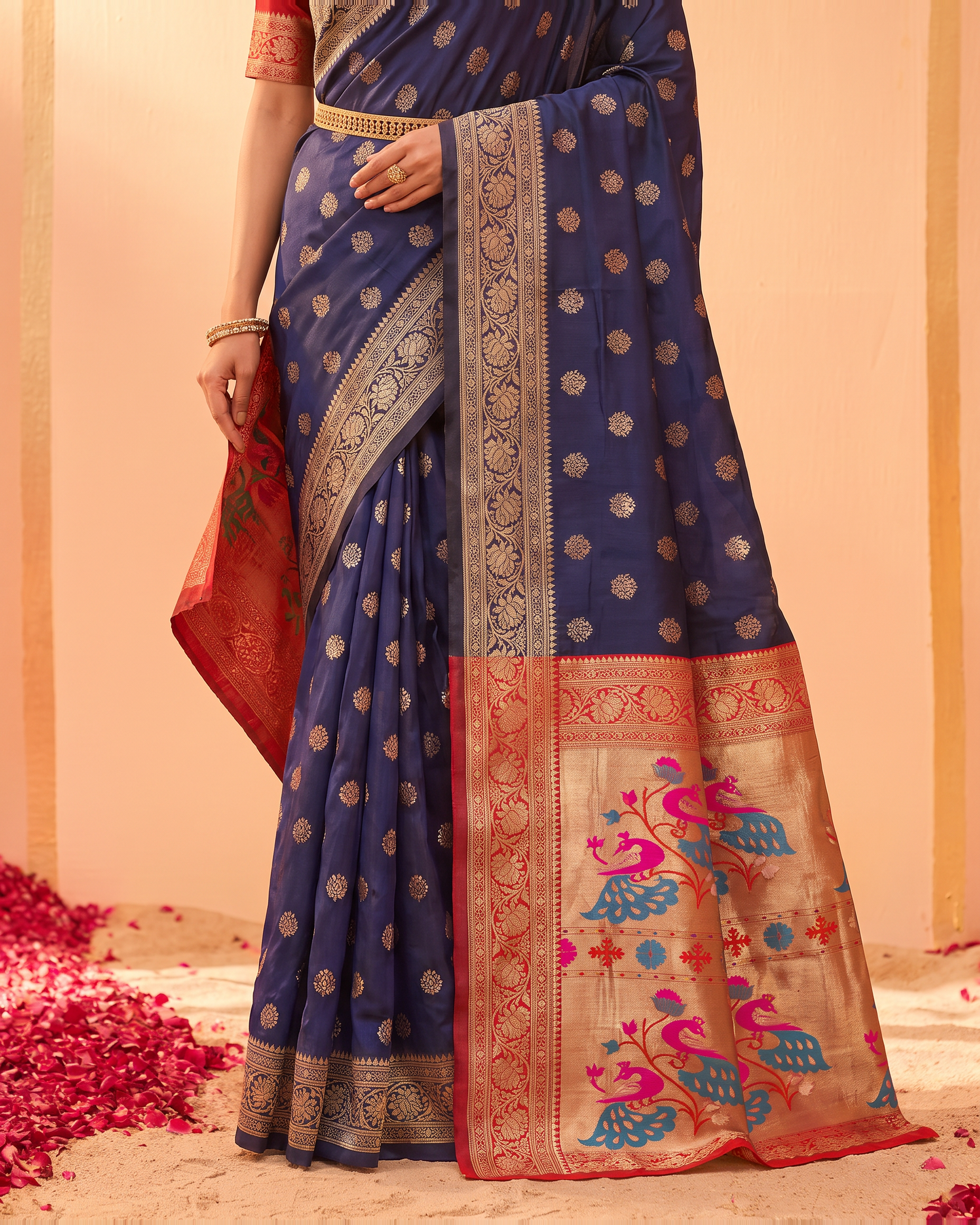 Kavya Temple Weave Paithani Silk Saree - Navy Blue - lower closeup
