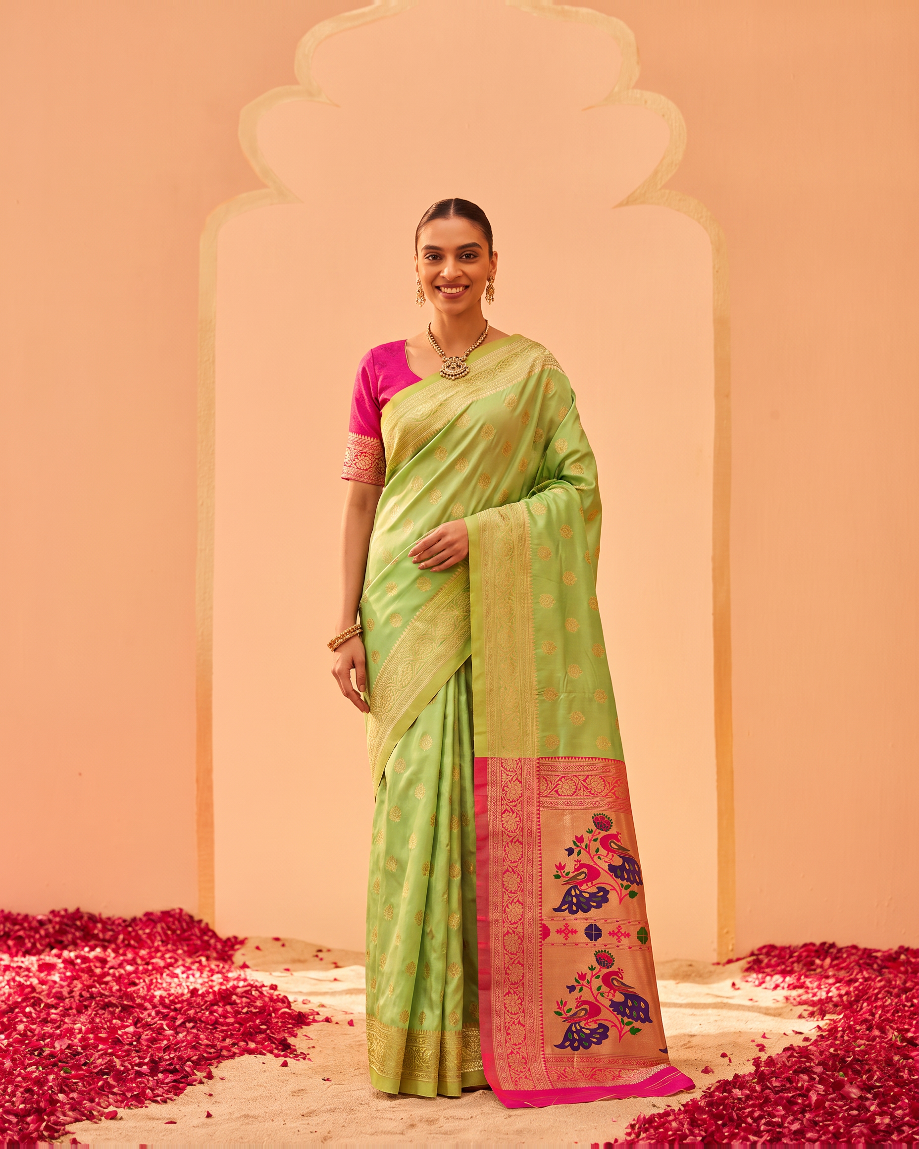 Kavya Temple Weave Paithani Silk Saree - Pista Green - full saree hero