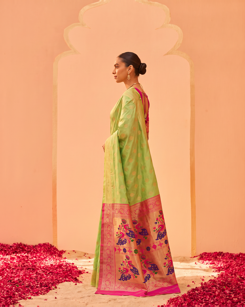 Kavya Temple Weave Paithani Silk Saree - Pista Green - side drape