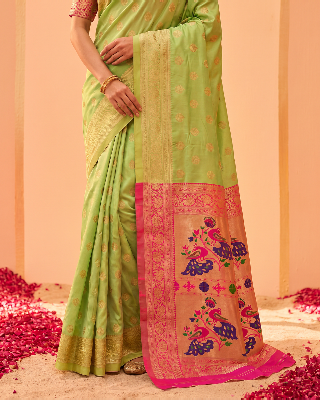 Kavya Temple Weave Paithani Silk Saree - Pista Green - lower closeup