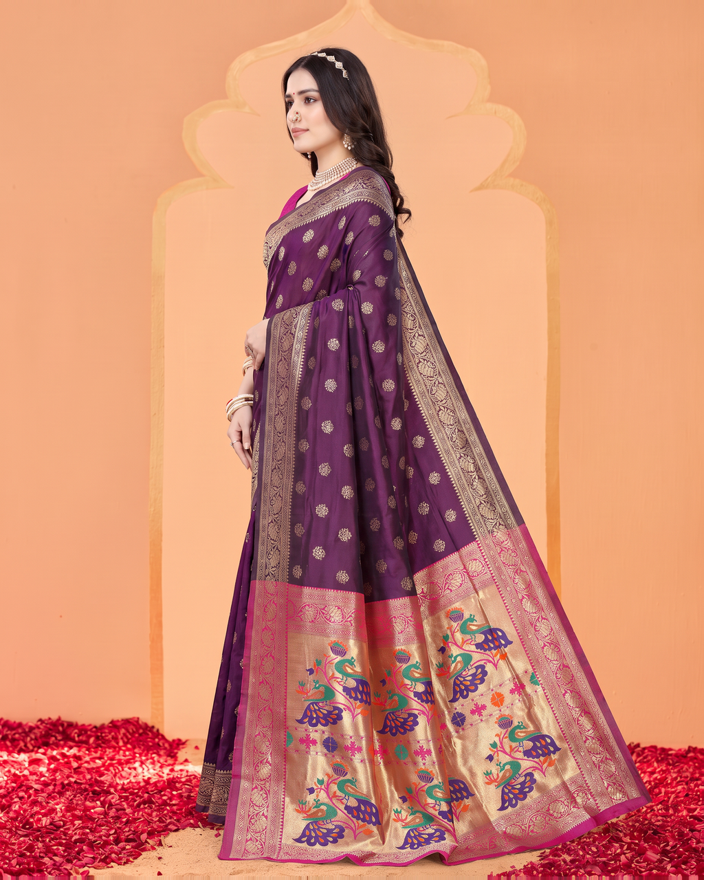 Kavya Temple Weave Paithani Silk Saree - Purple - side drape