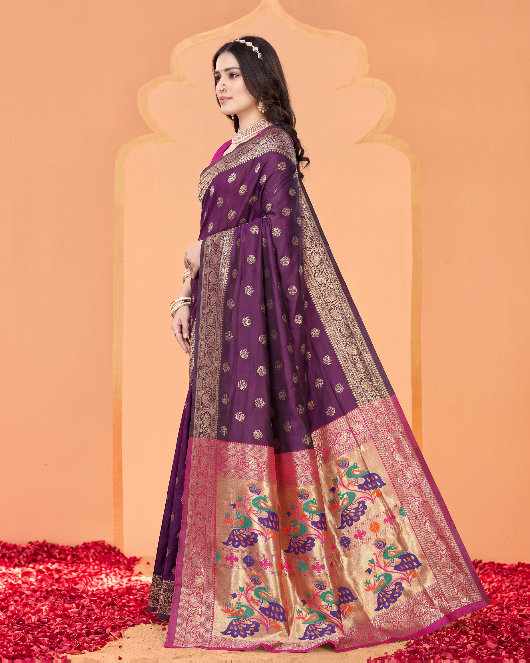 Kavya Temple Weave Paithani Silk Saree - Purple - side drape