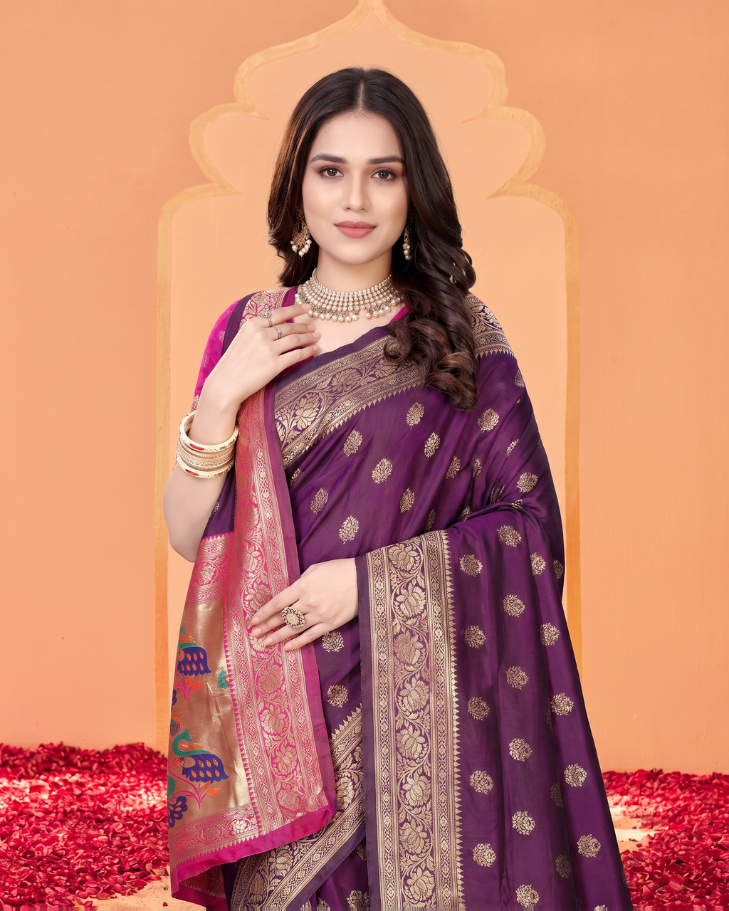 Kavya Temple Weave Paithani Silk Saree - Purple - upper closeup