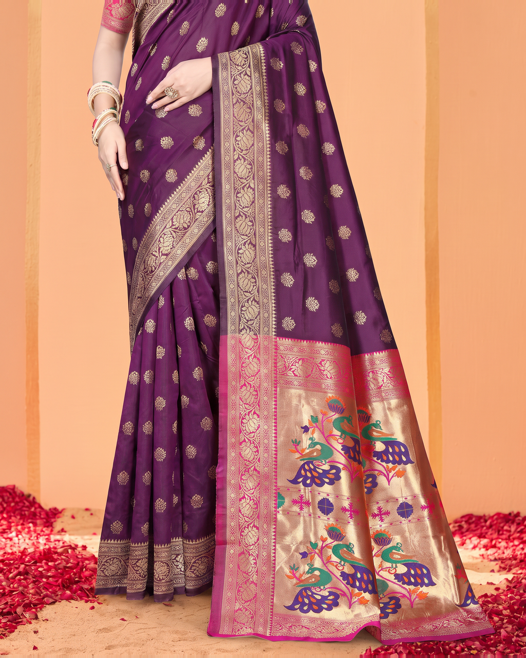 Kavya Temple Weave Paithani Silk Saree - Purple - lower closeup