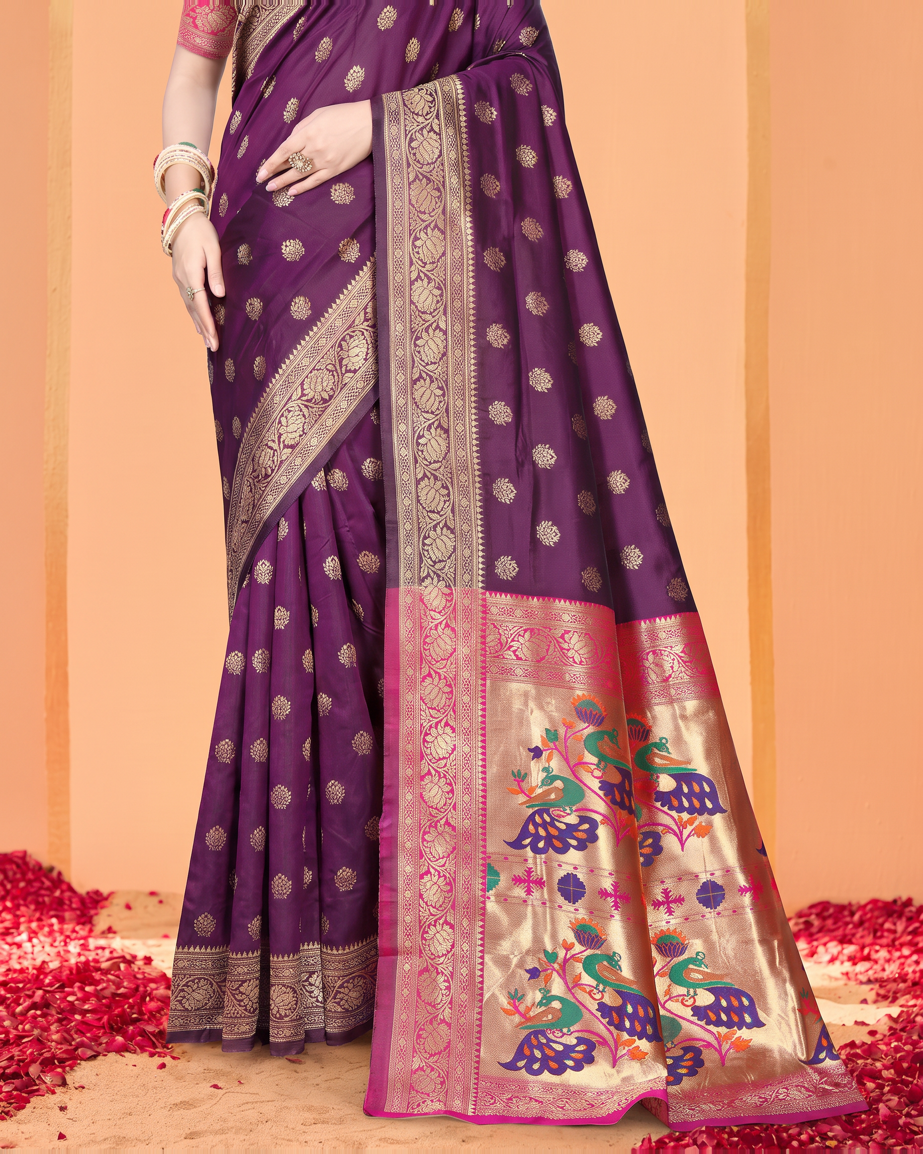 Kavya Temple Weave Paithani Silk Saree - Purple - lower closeup