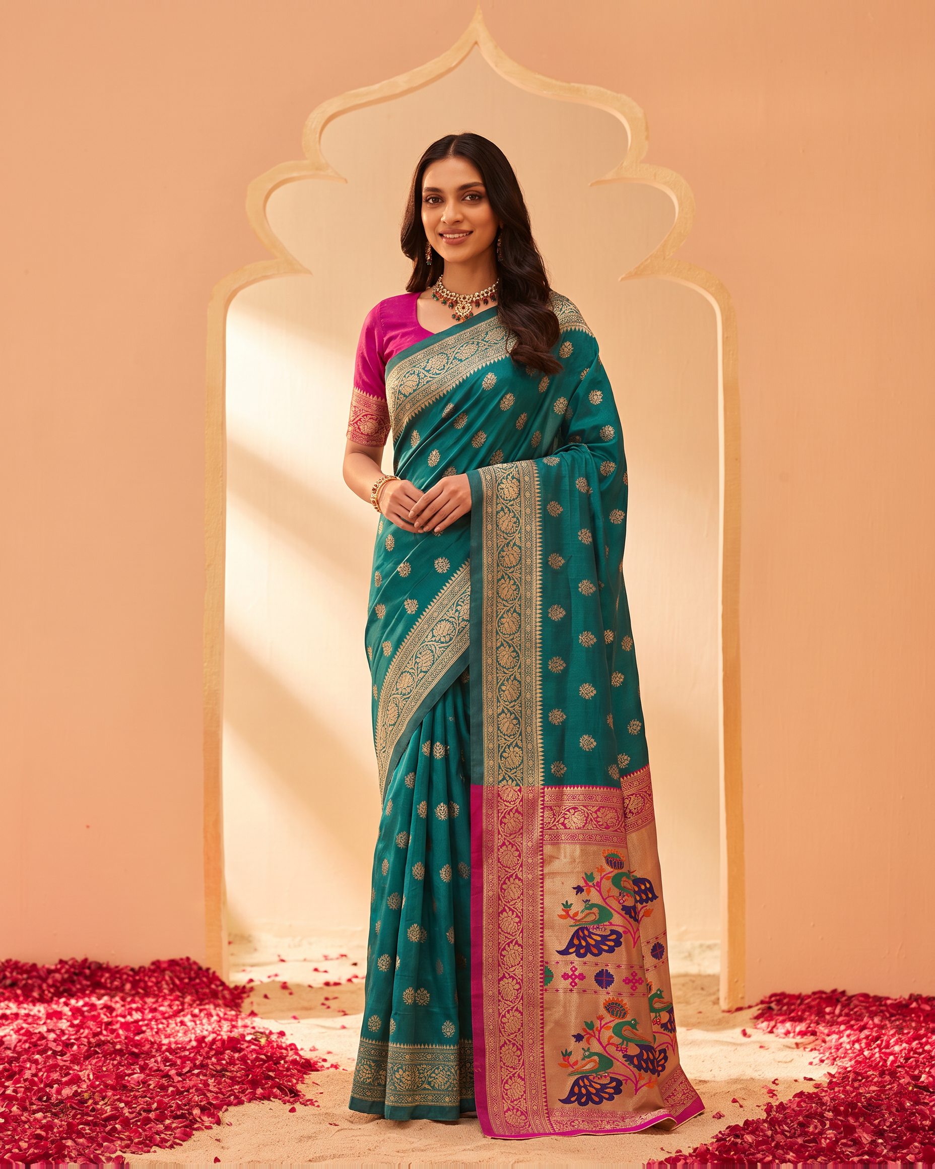 Kavya Temple Weave Paithani Silk Saree - Rama Green - full saree hero