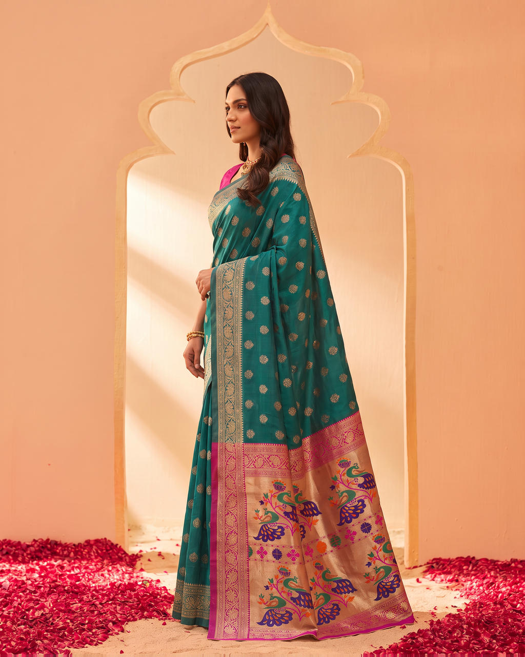 Kavya Temple Weave Paithani Silk Saree - Rama Green - side drape