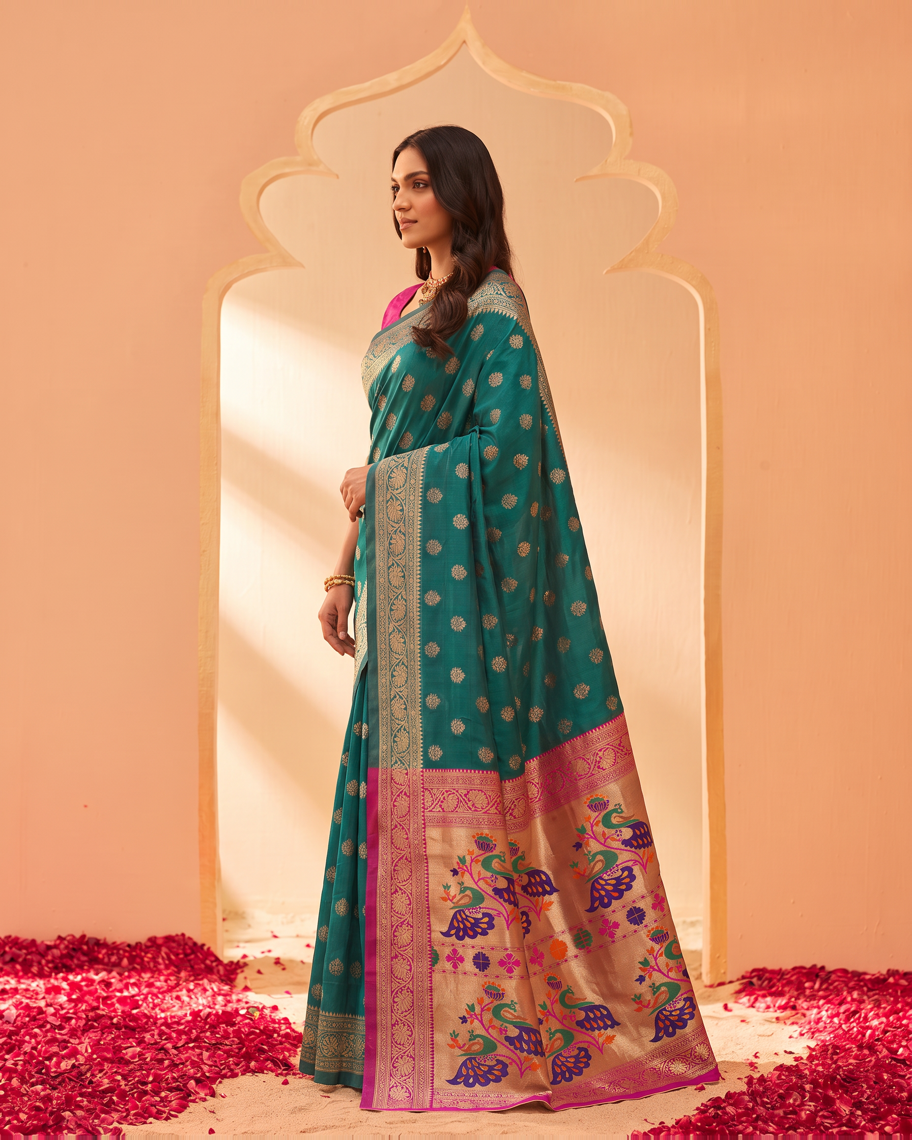 Kavya Temple Weave Paithani Silk Saree - Rama Green - side drape