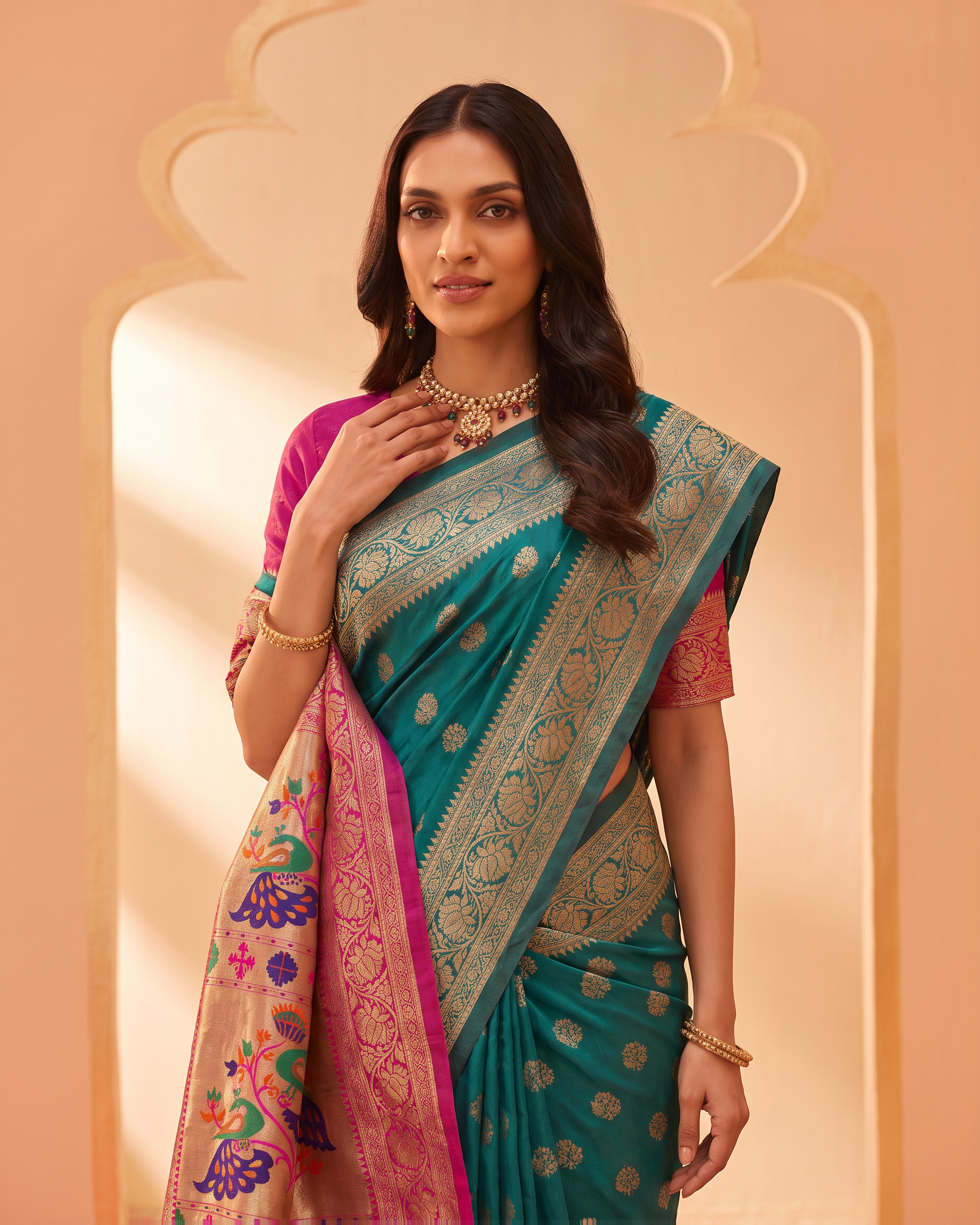 Kavya Temple Weave Paithani Silk Saree - Rama Green - upper closeup