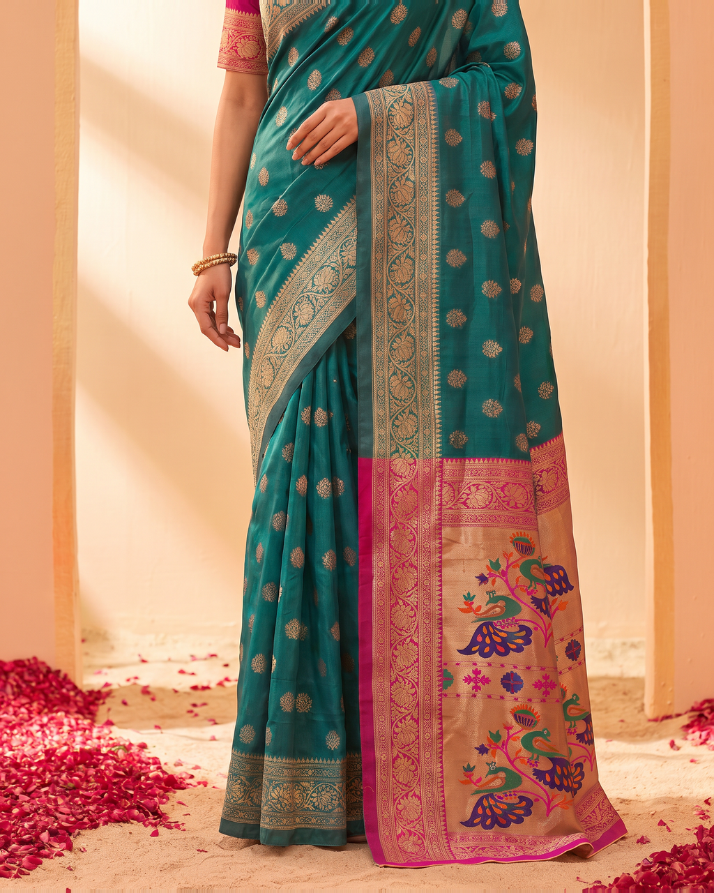Kavya Temple Weave Paithani Silk Saree - Rama Green - lower closeup
